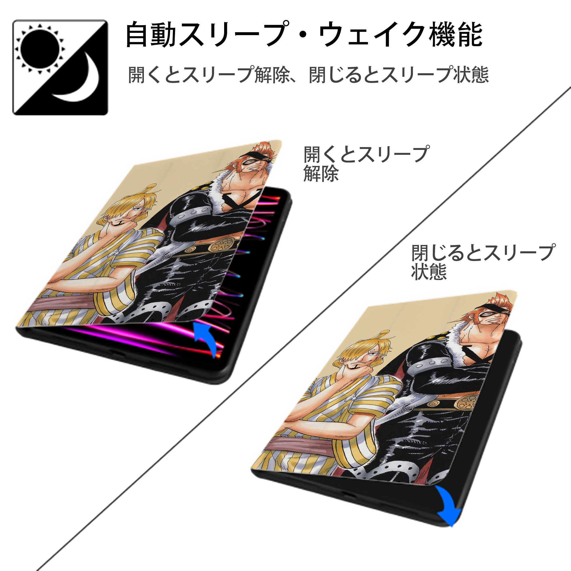 ワンピース ONE PIECE IPad ケース ブック型 PUレザー TPU 耐衝撃 軽量 薄型 ペン収納なし 全面保護 IPad 各モデル対応