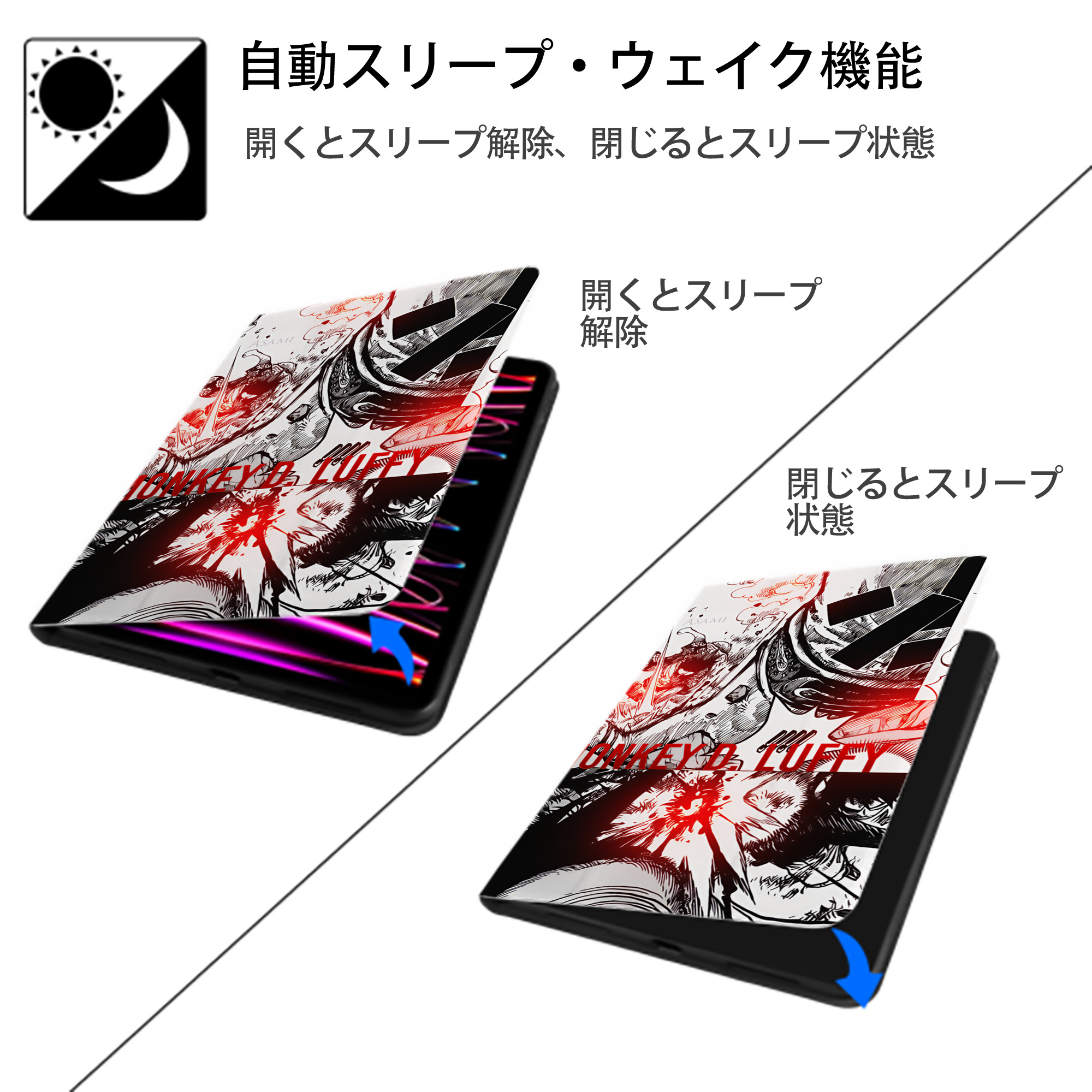 ワンピース ONE PIECE IPad ケース ブック型 PUレザー TPU 耐衝撃 軽量 薄型 ペン収納なし 全面保護 IPad 各モデル対応