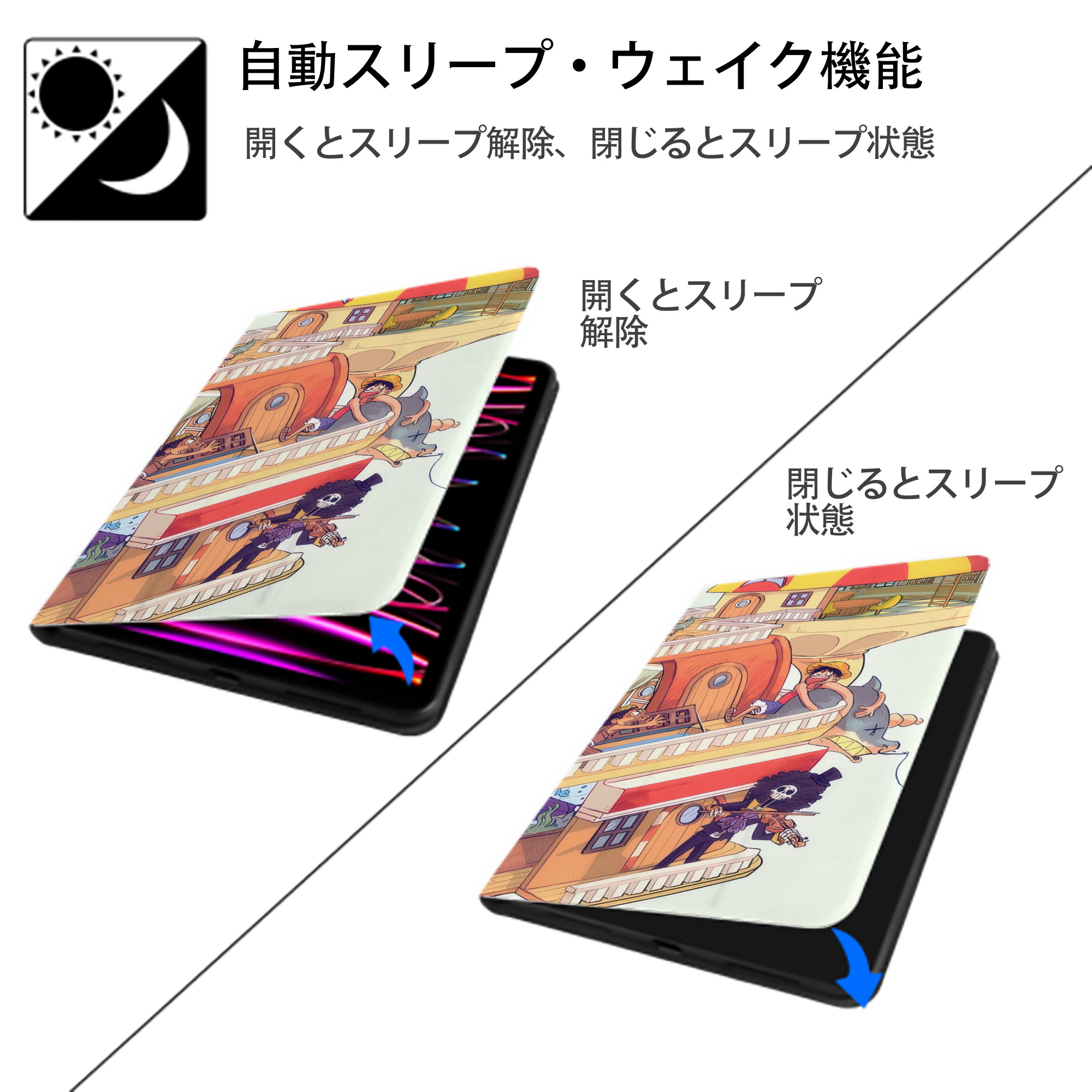 ワンピース ONE PIECE IPad ケース ブック型 PUレザー TPU 耐衝撃 軽量 薄型 ペン収納なし 全面保護 IPad 各モデル対応