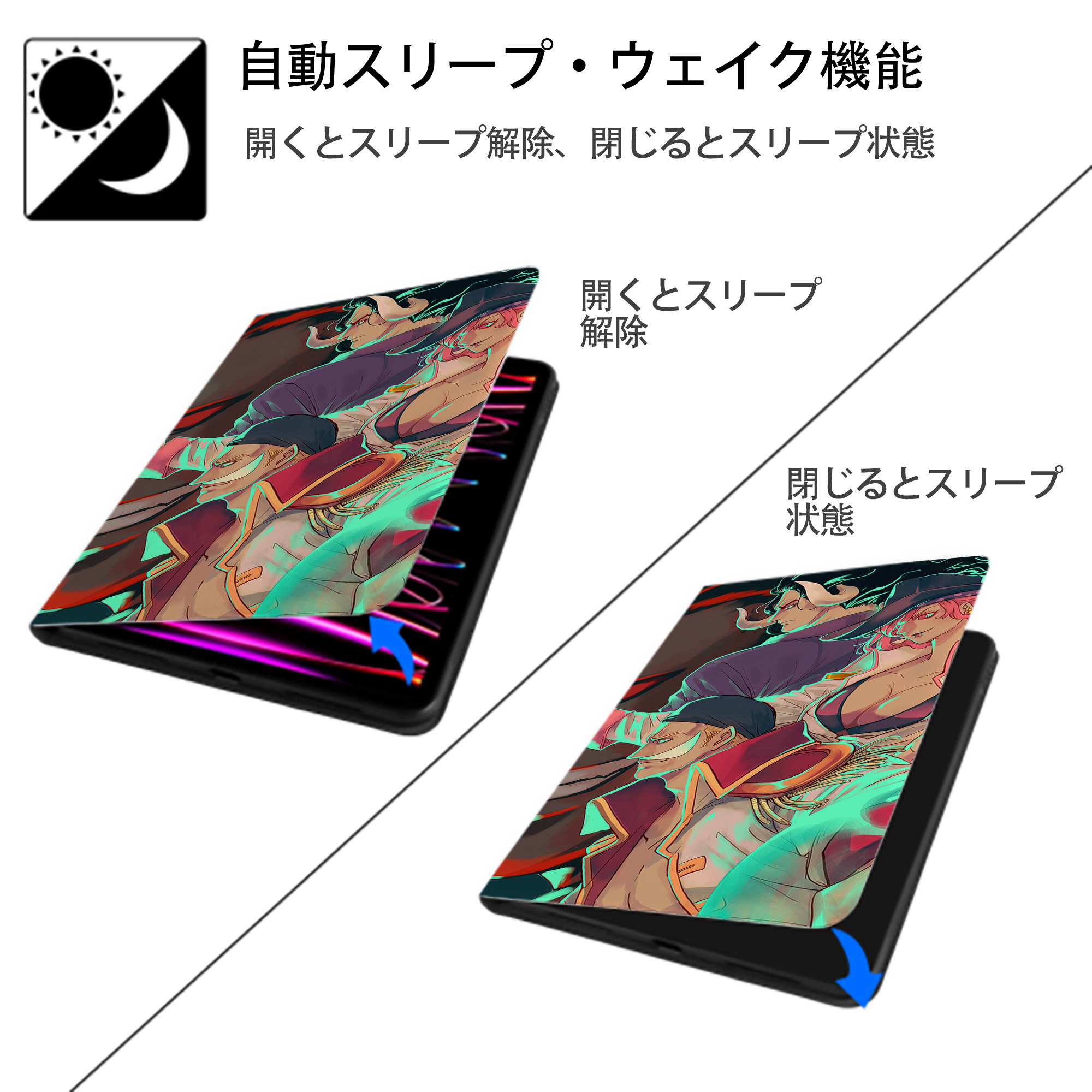 ワンピース ONE PIECE IPad ケース ブック型 PUレザー TPU 耐衝撃 軽量 薄型 ペン収納なし 全面保護 IPad 各モデル対応