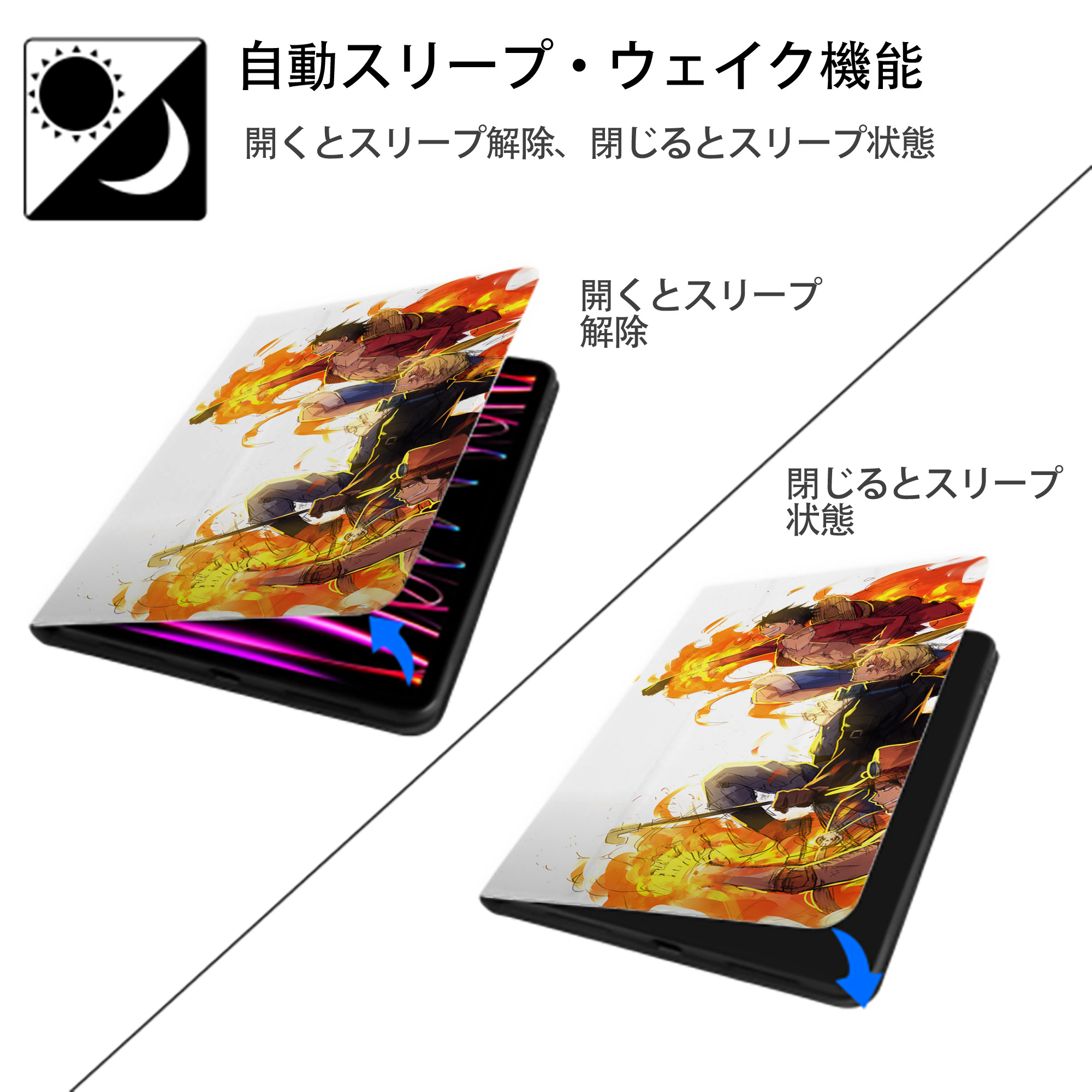 ワンピース ONE PIECE IPad ケース ブック型 PUレザー TPU 耐衝撃 軽量 薄型 ペン収納なし 全面保護 IPad 各モデル対応