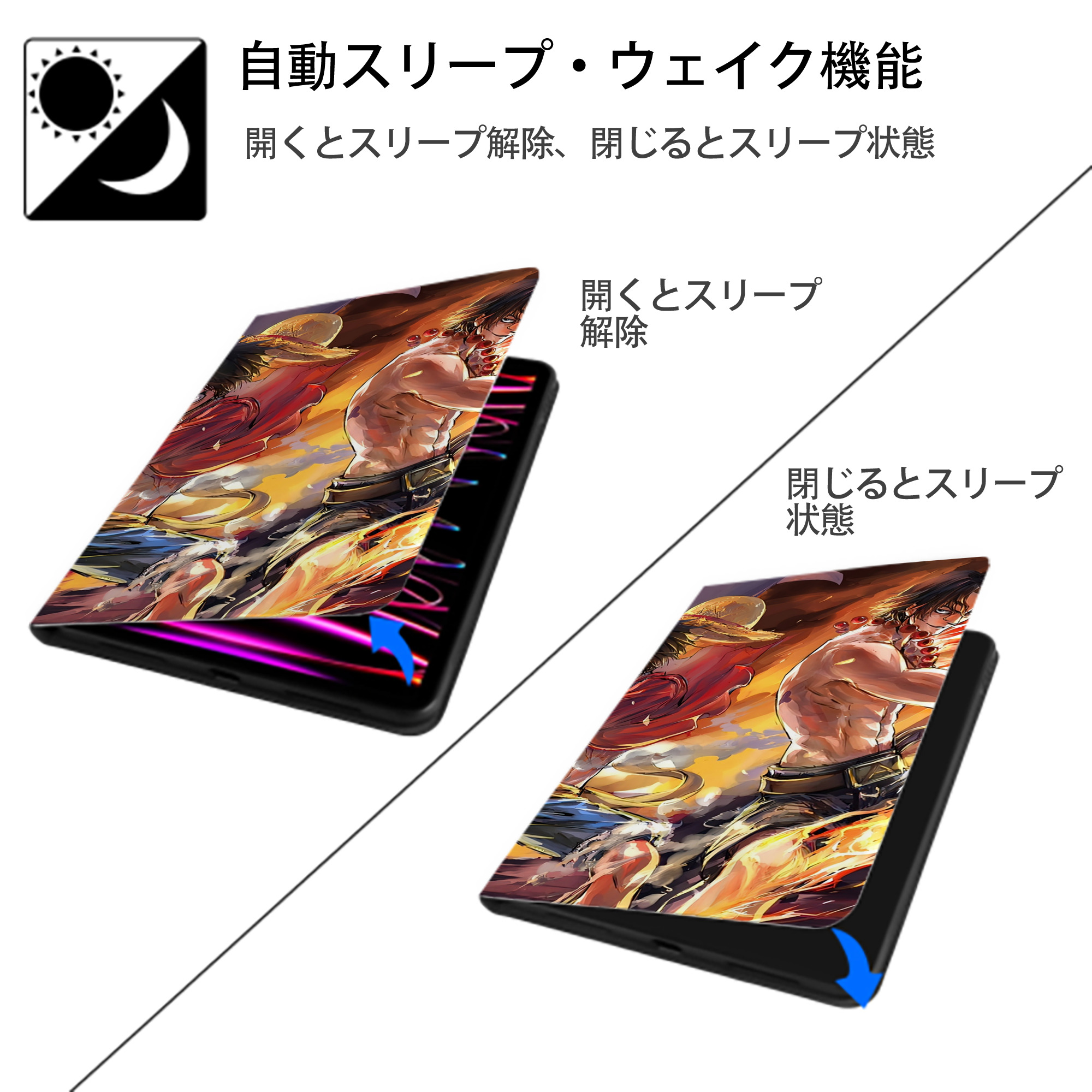 ワンピース ONE PIECE IPad ケース ブック型 PUレザー TPU 耐衝撃 軽量 薄型 ペン収納なし 全面保護 IPad 各モデル対応
