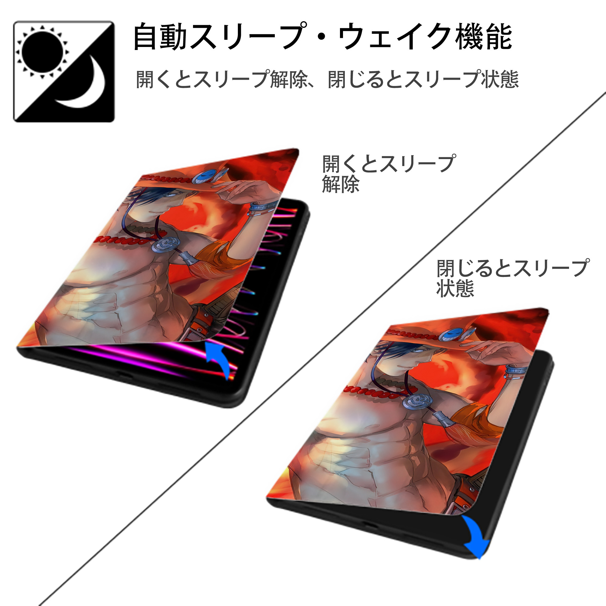 ワンピース ONE PIECE IPad ケース ブック型 PUレザー TPU 耐衝撃 軽量 薄型 ペン収納なし 全面保護 IPad 各モデル対応