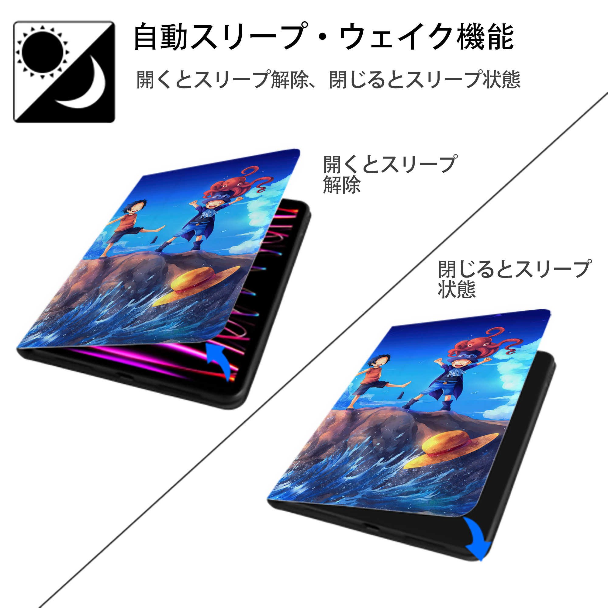 ワンピース ONE PIECE IPad ケース ブック型 PUレザー TPU 耐衝撃 軽量 薄型 ペン収納なし 全面保護 IPad 各モデル対応