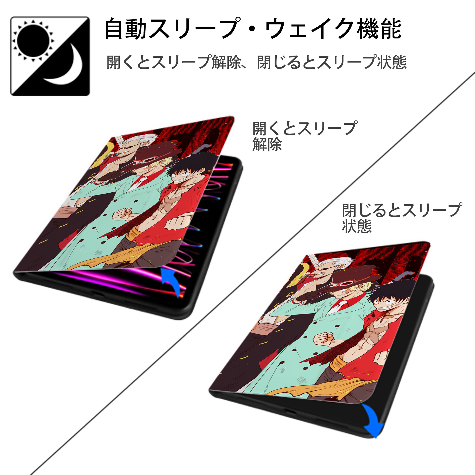 ワンピース ONE PIECE IPad ケース ブック型 PUレザー TPU 耐衝撃 軽量 薄型 ペン収納なし 全面保護 IPad 各モデル対応