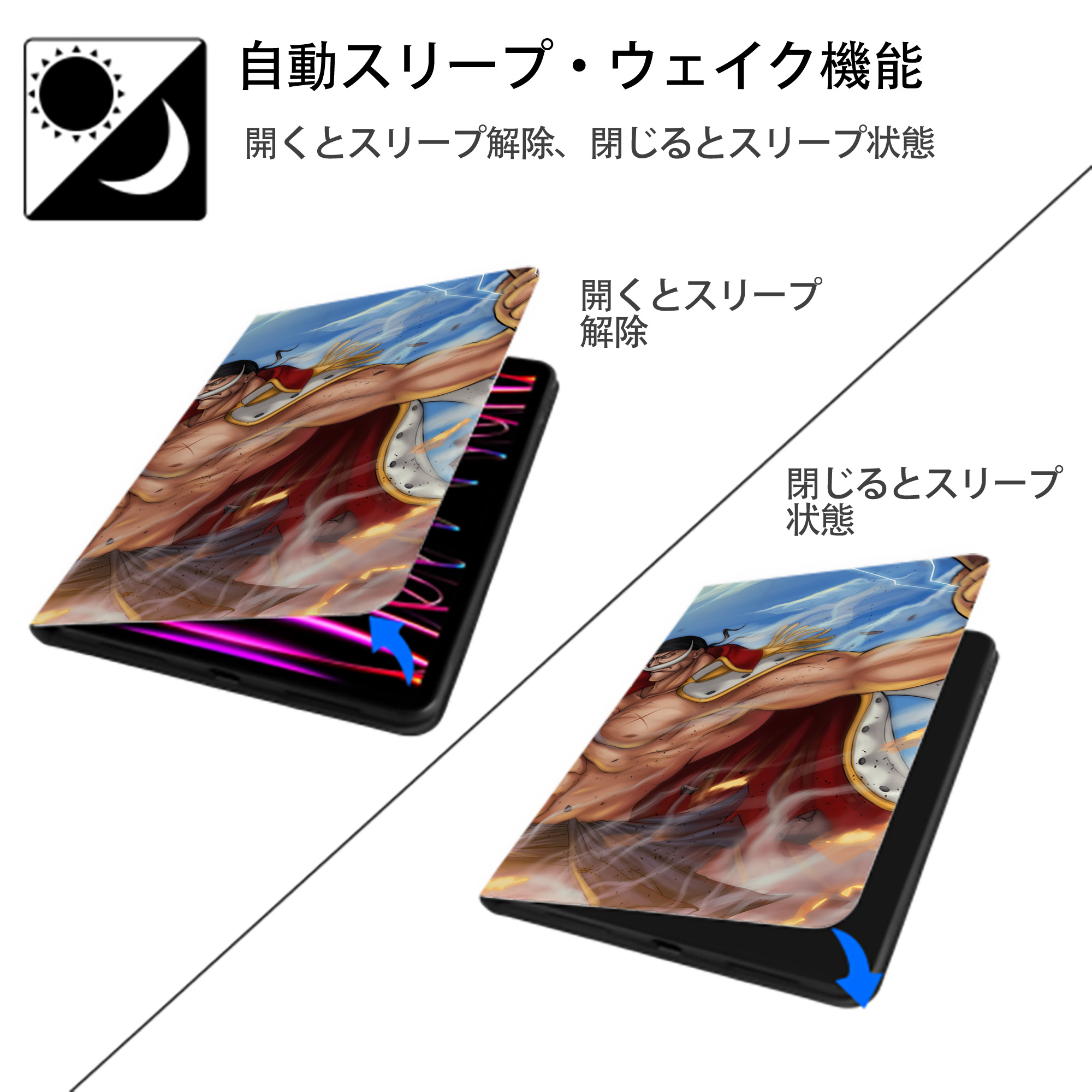 ワンピース ONE PIECE IPad ケース ブック型 PUレザー TPU 耐衝撃 軽量 薄型 ペン収納なし 全面保護 IPad 各モデル対応