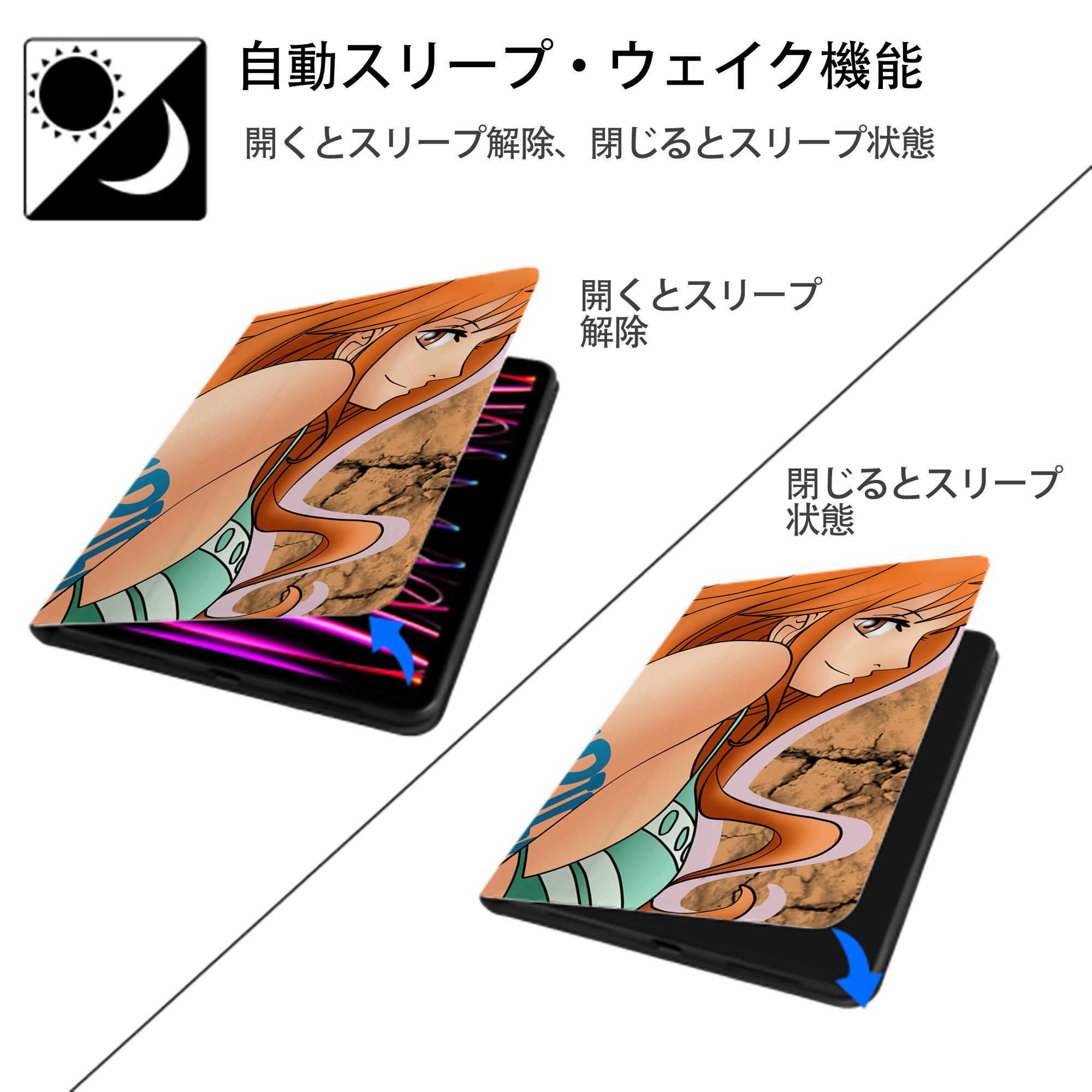 ワンピース ONE PIECE IPad ケース ブック型 PUレザー TPU 耐衝撃 軽量 薄型 ペン収納なし 全面保護 IPad 各モデル対応