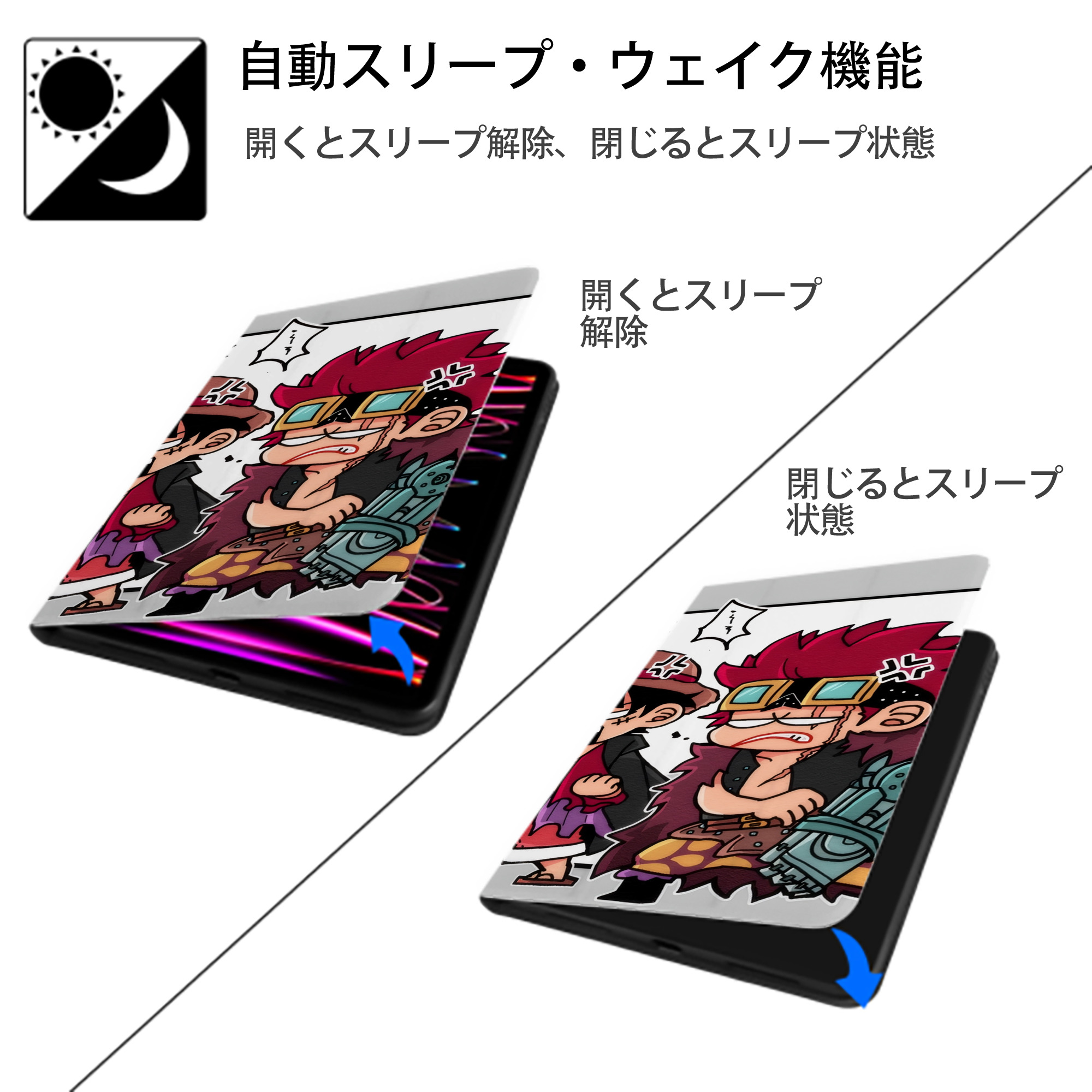 ワンピース ONE PIECE IPad ケース ブック型 PUレザー TPU 耐衝撃 軽量 薄型 ペン収納なし 全面保護 IPad 各モデル対応