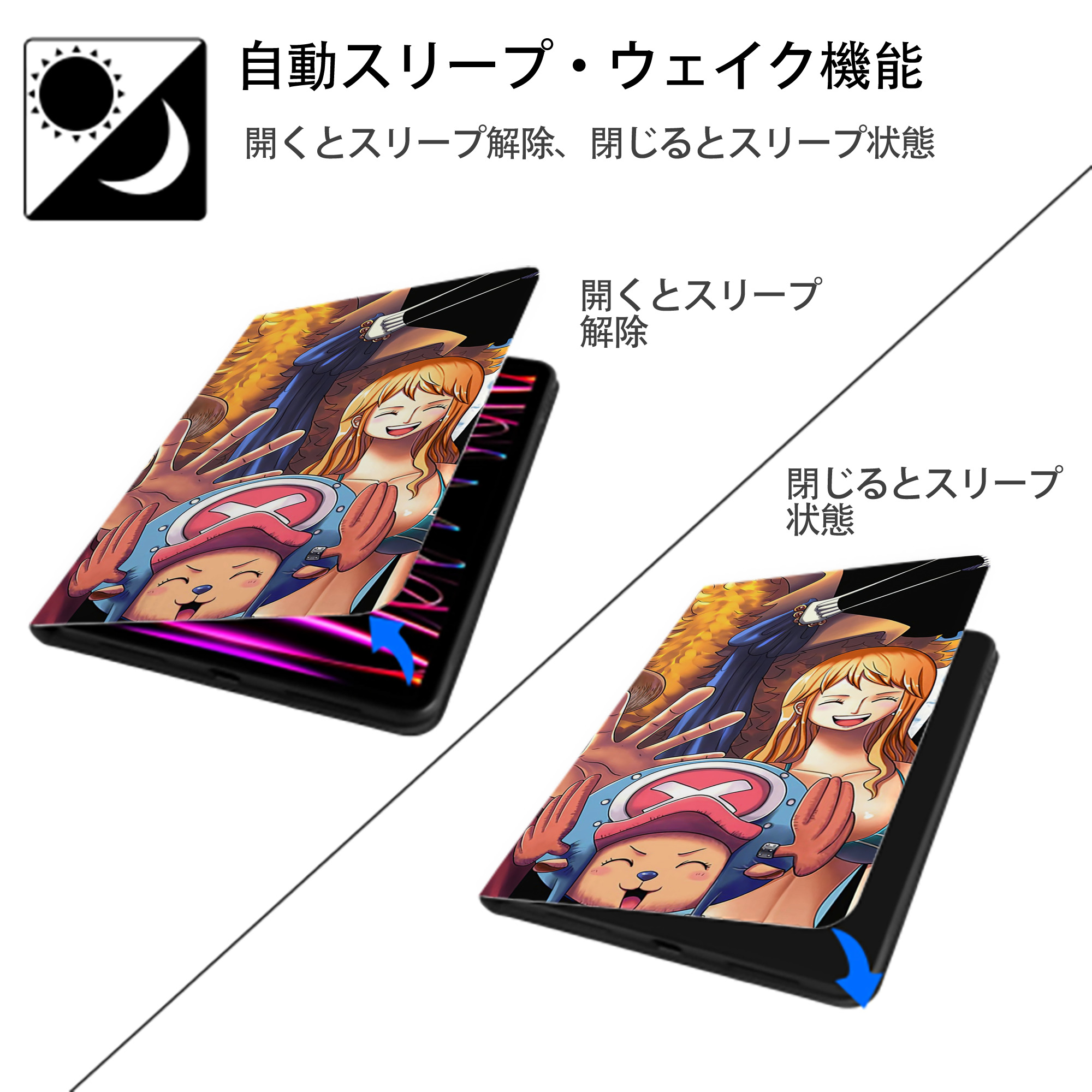 ワンピース ONE PIECE IPad ケース ブック型 PUレザー TPU 耐衝撃 軽量 薄型 ペン収納なし 全面保護 IPad 各モデル対応
