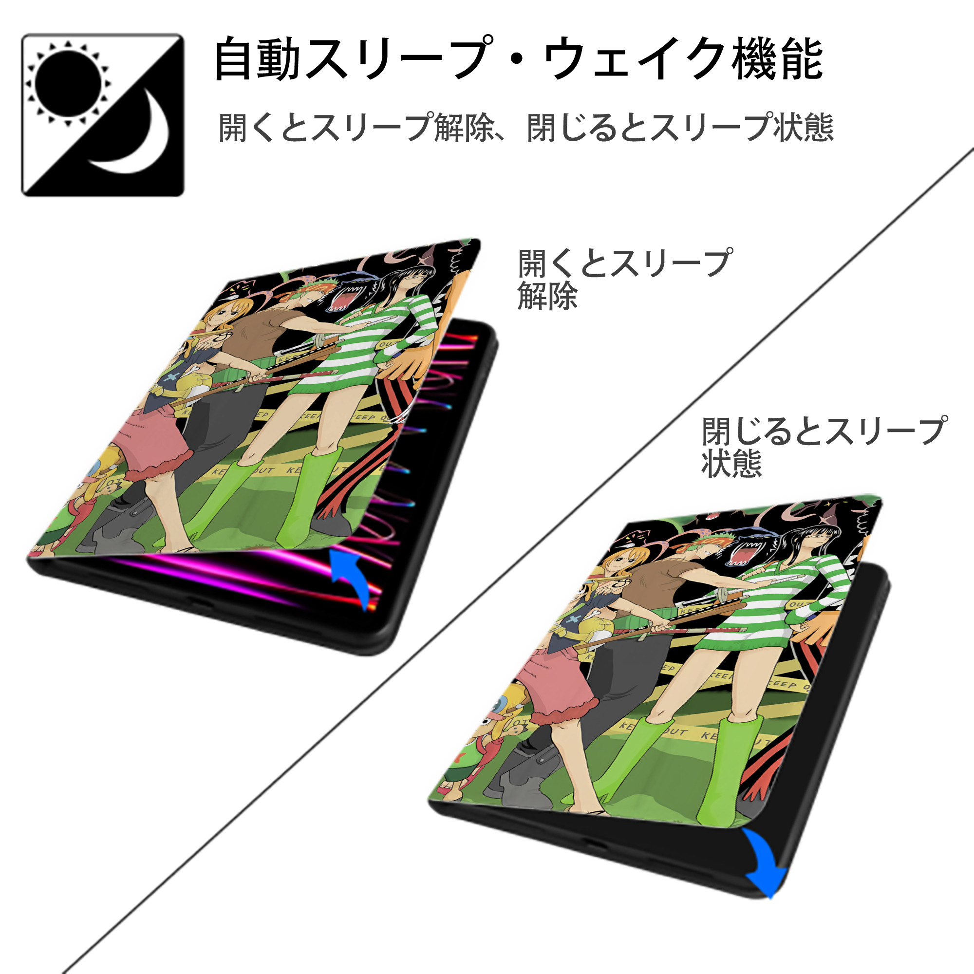 ワンピース ONE PIECE IPad ケース ブック型 PUレザー TPU 耐衝撃 軽量 薄型 ペン収納なし 全面保護 IPad 各モデル対応