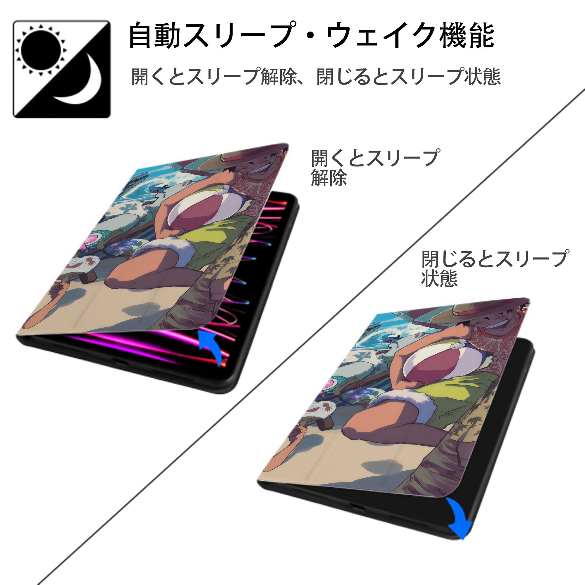 ワンピース ONE PIECE IPad ケース ブック型 PUレザー TPU 耐衝撃 軽量 薄型 ペン収納なし 全面保護 IPad 各モデル対応