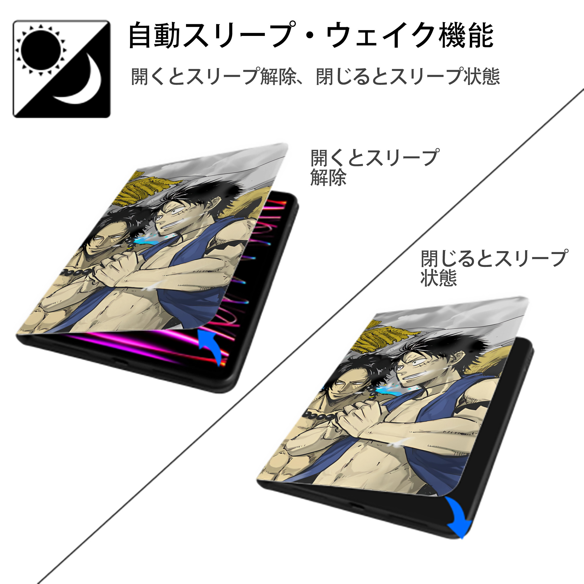ワンピース ONE PIECE IPad ケース ブック型 PUレザー TPU 耐衝撃 軽量 薄型 ペン収納なし 全面保護 IPad 各モデル対応