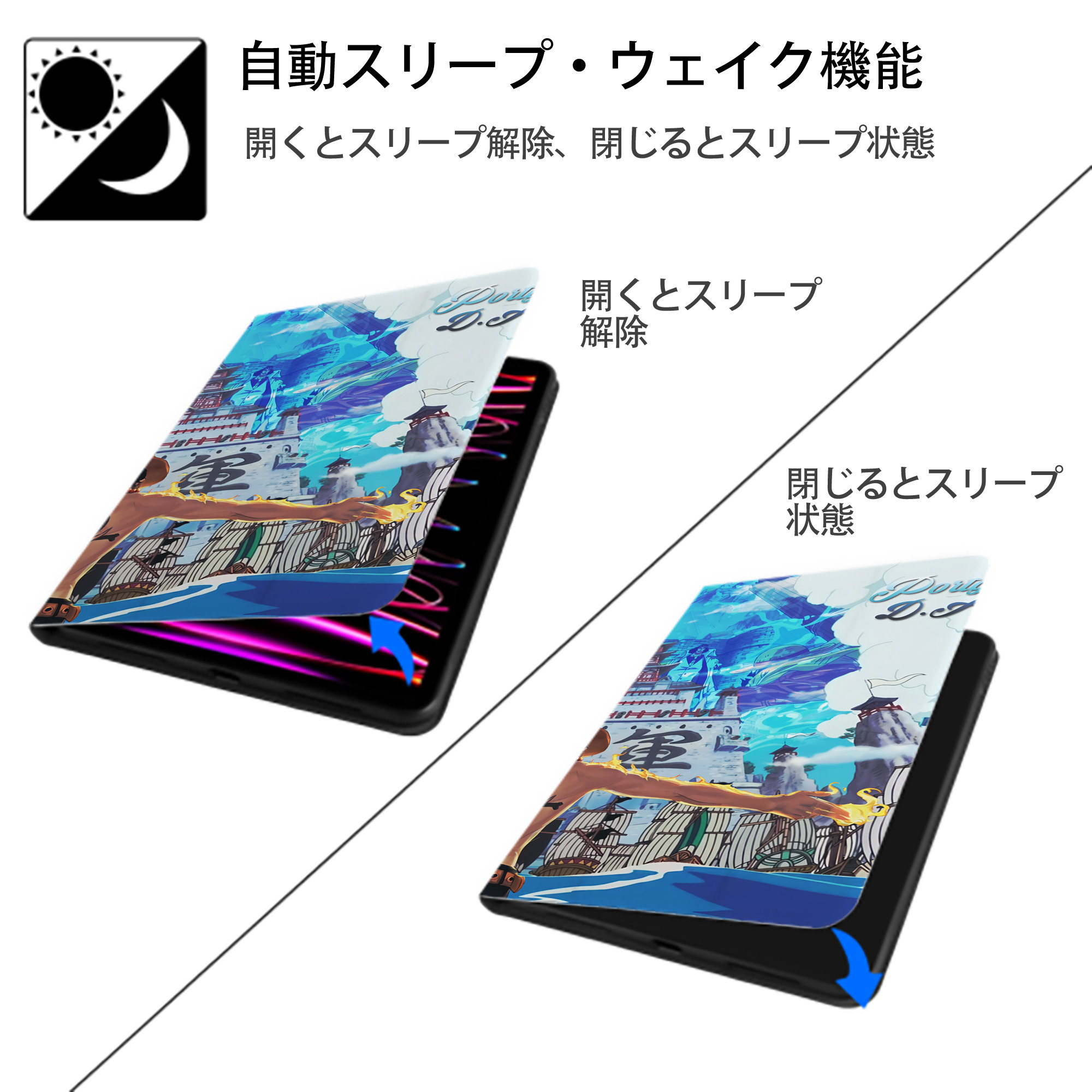 ワンピース ONE PIECE IPad ケース ブック型 PUレザー TPU 耐衝撃 軽量 薄型 ペン収納なし 全面保護 IPad 各モデル対応