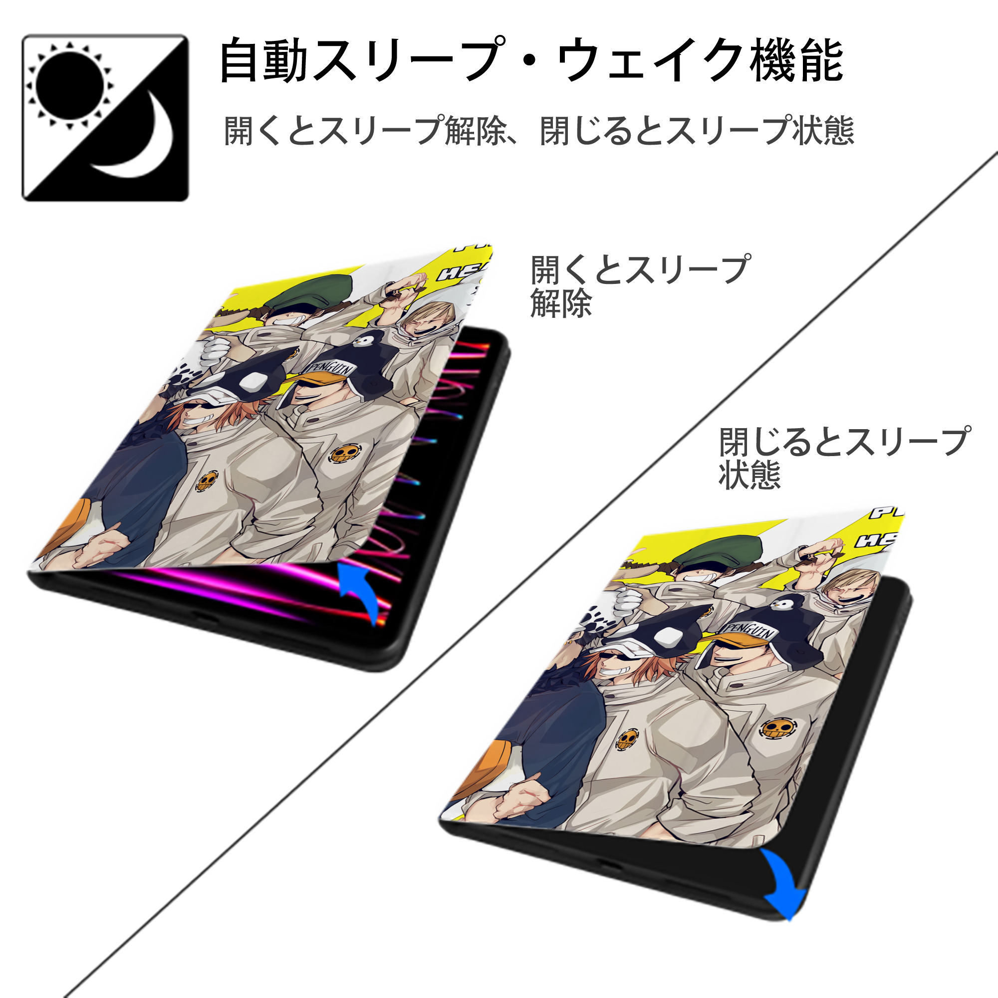 ワンピース ONE PIECE IPad ケース ブック型 PUレザー TPU 耐衝撃 軽量 薄型 ペン収納なし 全面保護 IPad 各モデル対応