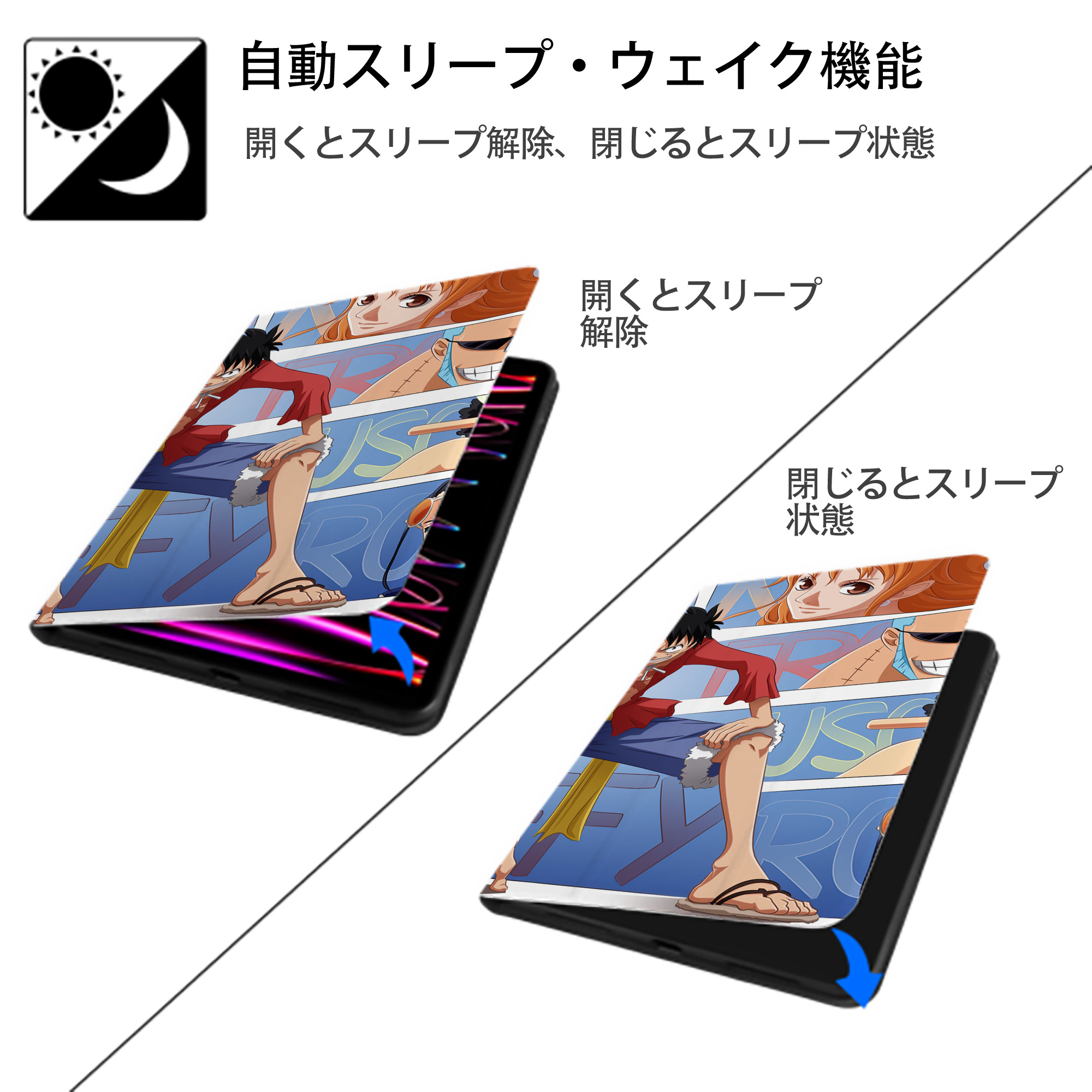 ワンピース ONE PIECE IPad ケース ブック型 PUレザー TPU 耐衝撃 軽量 薄型 ペン収納なし 全面保護 IPad 各モデル対応