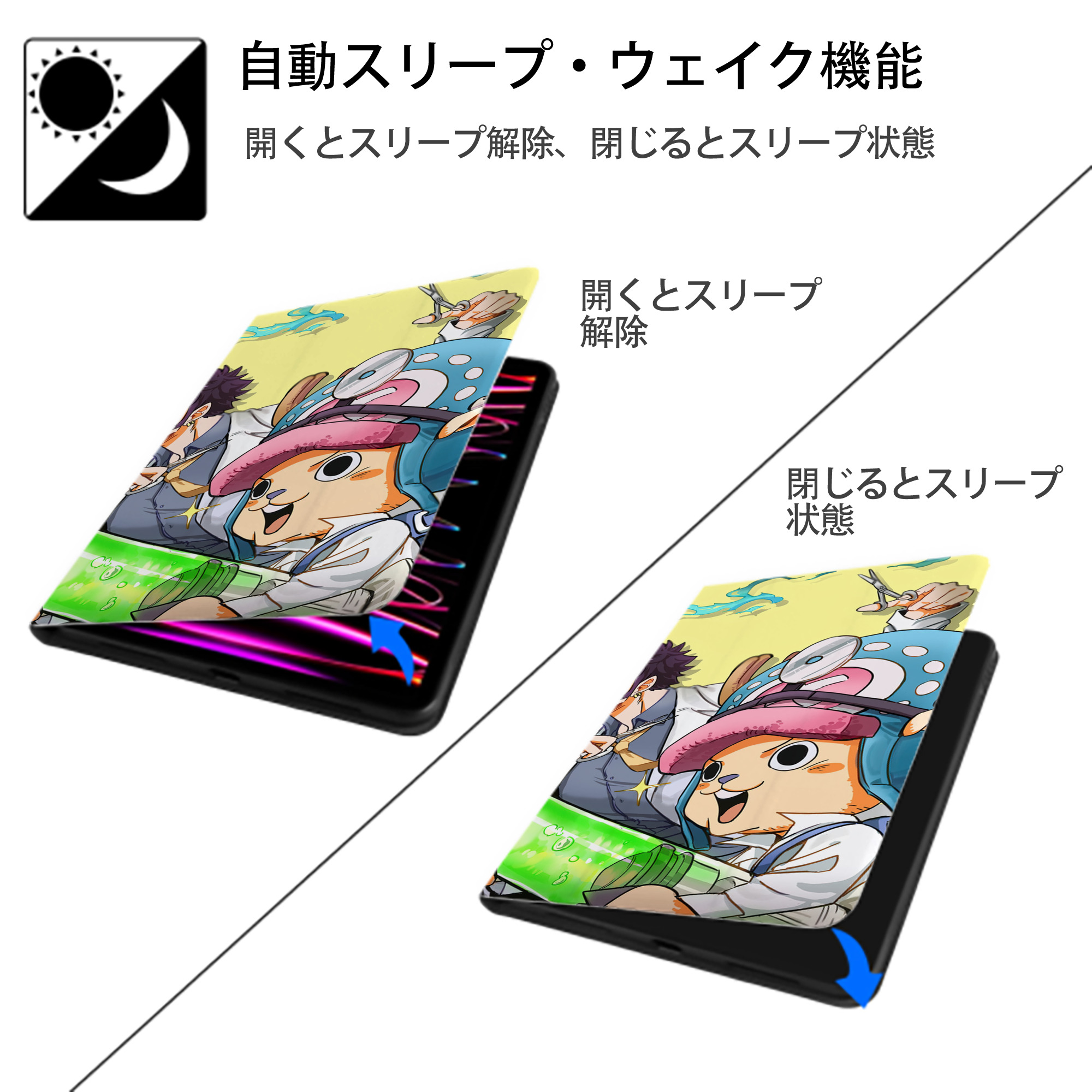 ワンピース ONE PIECE IPad ケース ブック型 PUレザー TPU 耐衝撃 軽量 薄型 ペン収納なし 全面保護 IPad 各モデル対応