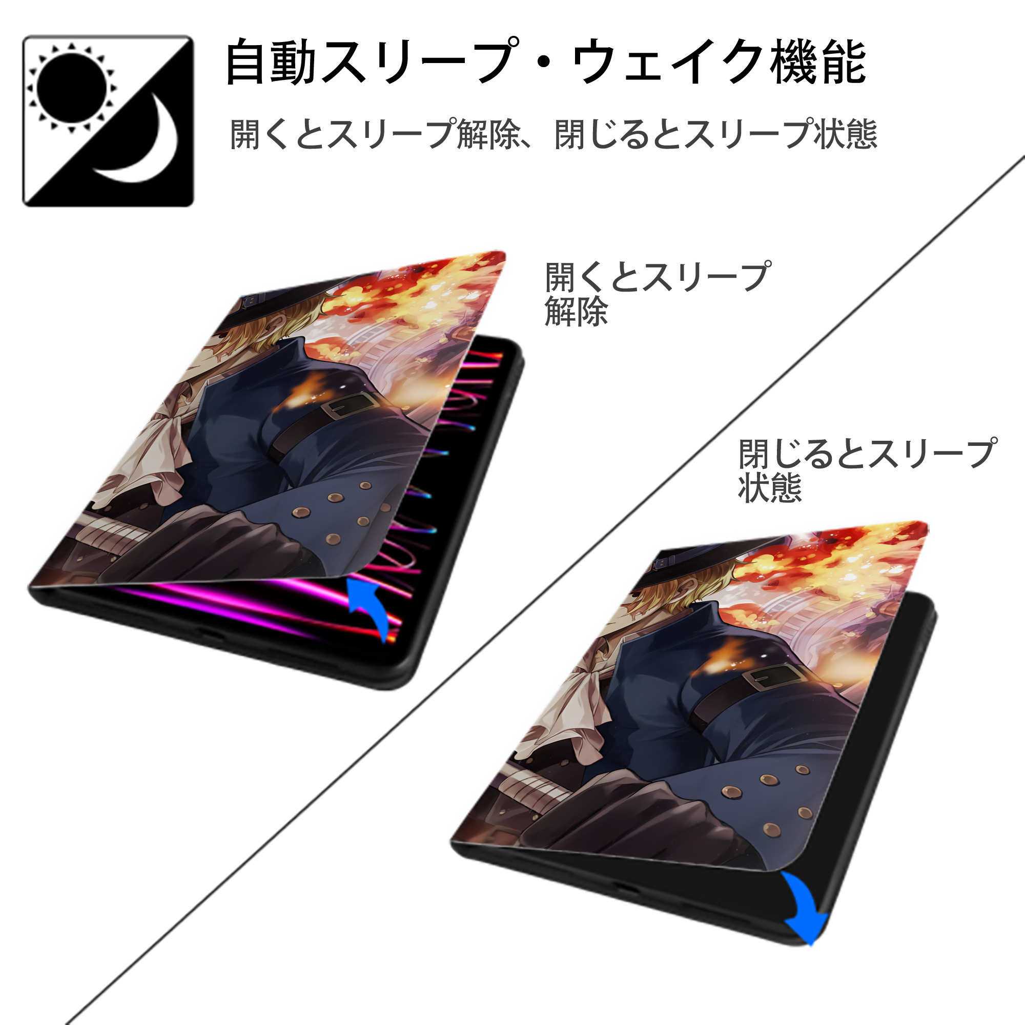 ワンピース ONE PIECE IPad ケース ブック型 PUレザー TPU 耐衝撃 軽量 薄型 ペン収納なし 全面保護 IPad 各モデル対応