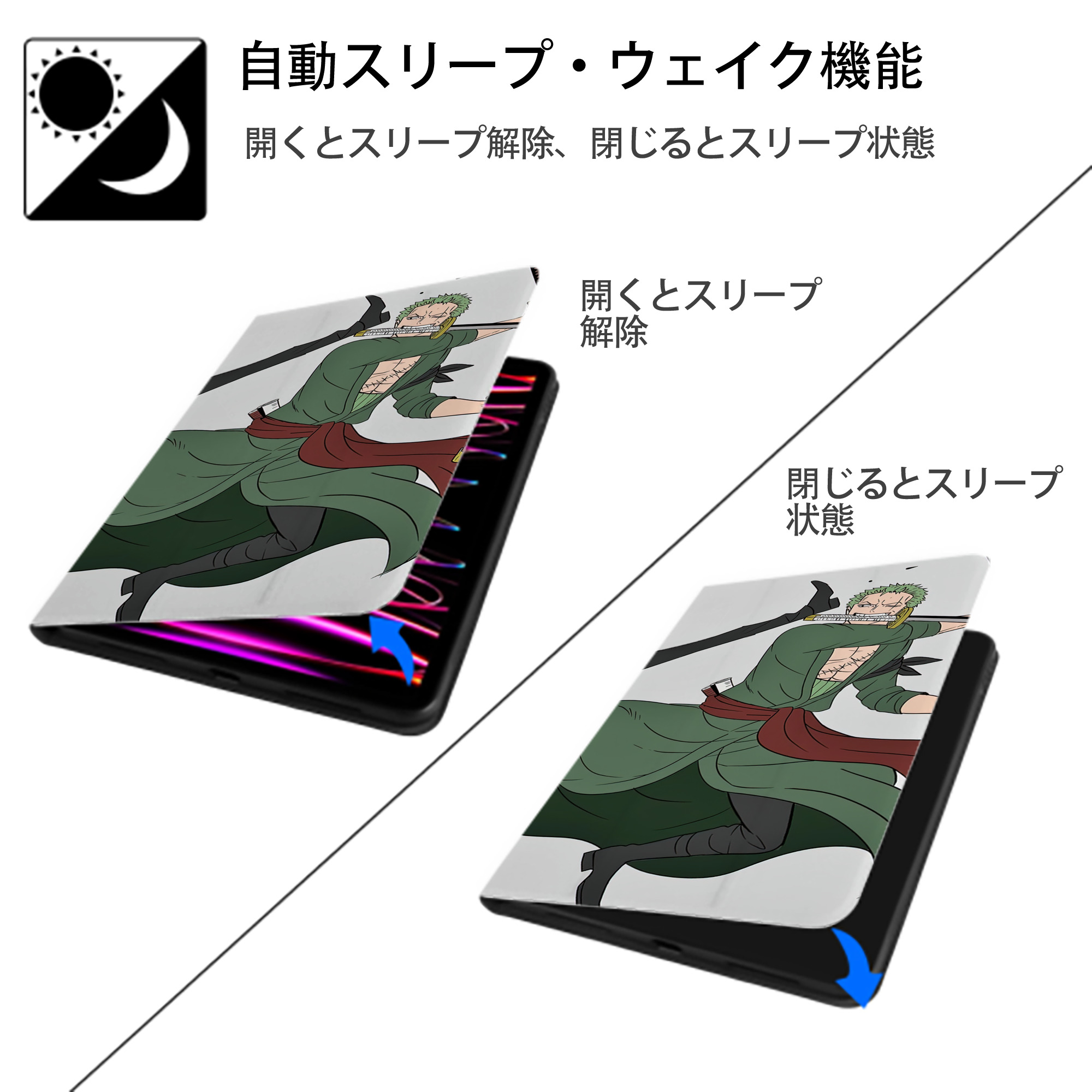 ワンピース ONE PIECE IPad ケース ブック型 PUレザー TPU 耐衝撃 軽量 薄型 ペン収納なし 全面保護 IPad 各モデル対応