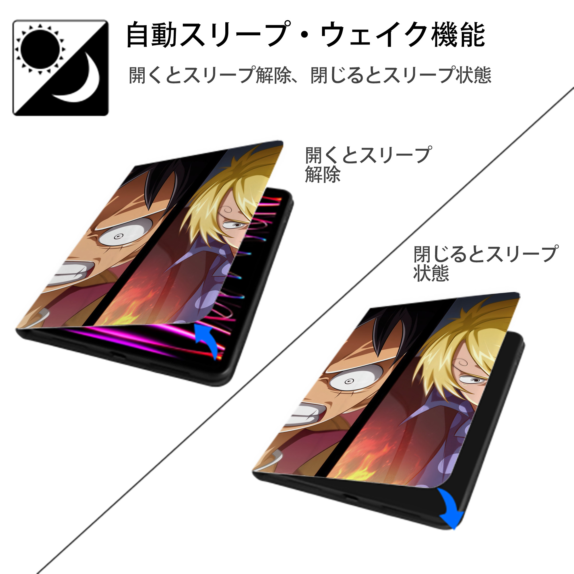 ワンピース ONE PIECE IPad ケース ブック型 PUレザー TPU 耐衝撃 軽量 薄型 ペン収納なし 全面保護 IPad 各モデル対応