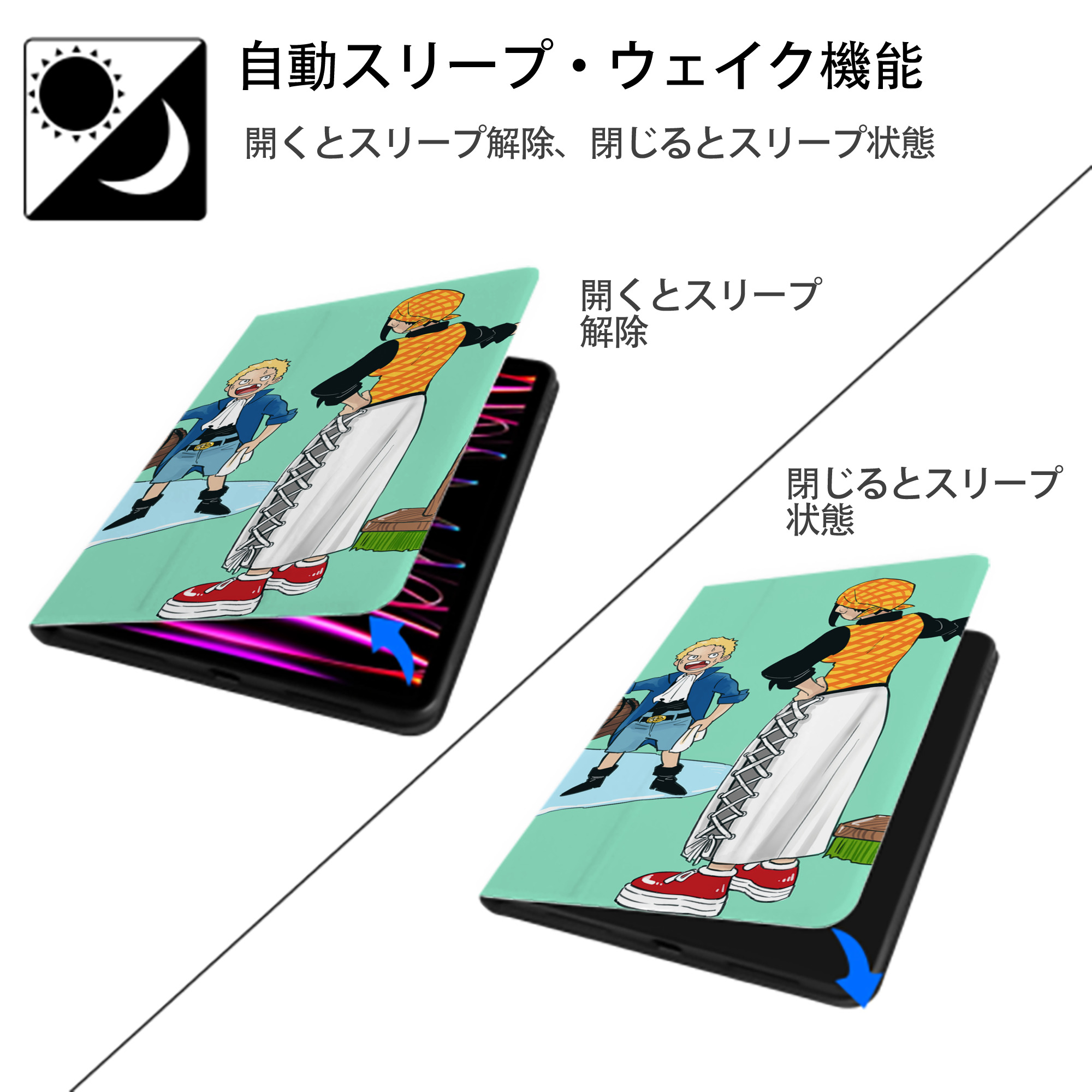 ワンピース ONE PIECE IPad ケース ブック型 PUレザー TPU 耐衝撃 軽量 薄型 ペン収納なし 全面保護 IPad 各モデル対応