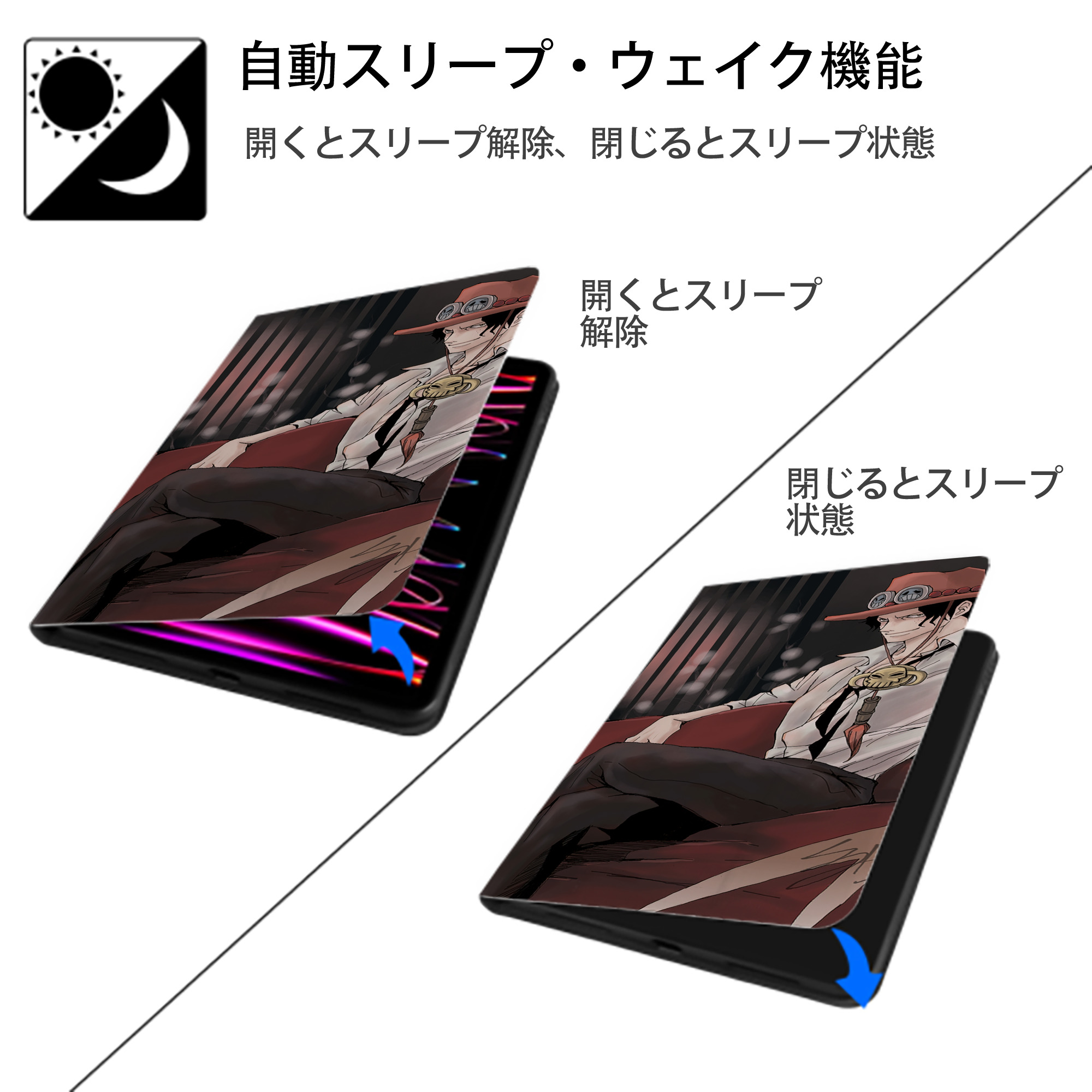 ワンピース ONE PIECE IPad ケース ブック型 PUレザー TPU 耐衝撃 軽量 薄型 ペン収納なし 全面保護 IPad 各モデル対応