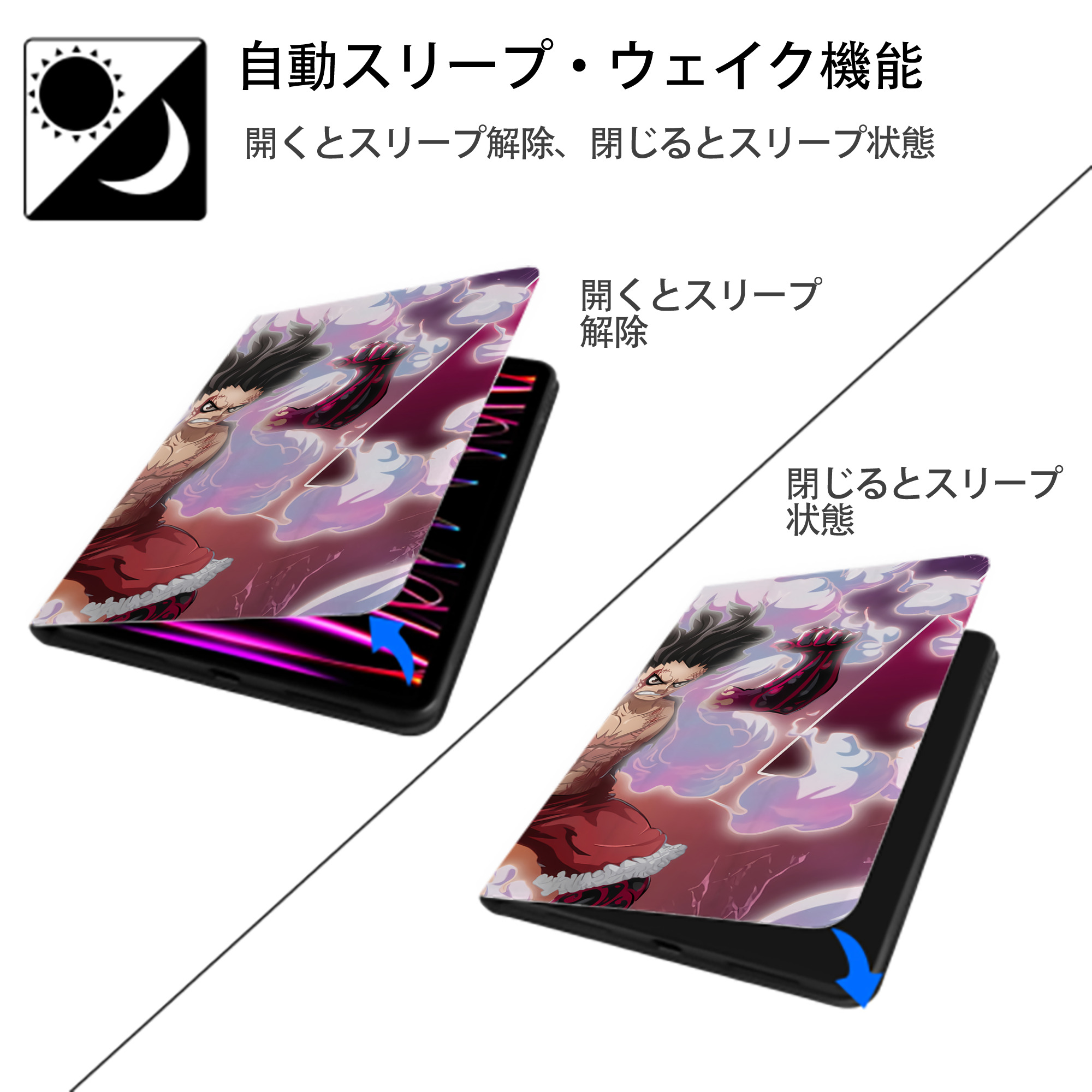 ワンピース ONE PIECE IPad ケース ブック型 PUレザー TPU 耐衝撃 軽量 薄型 ペン収納なし 全面保護 IPad 各モデル対応