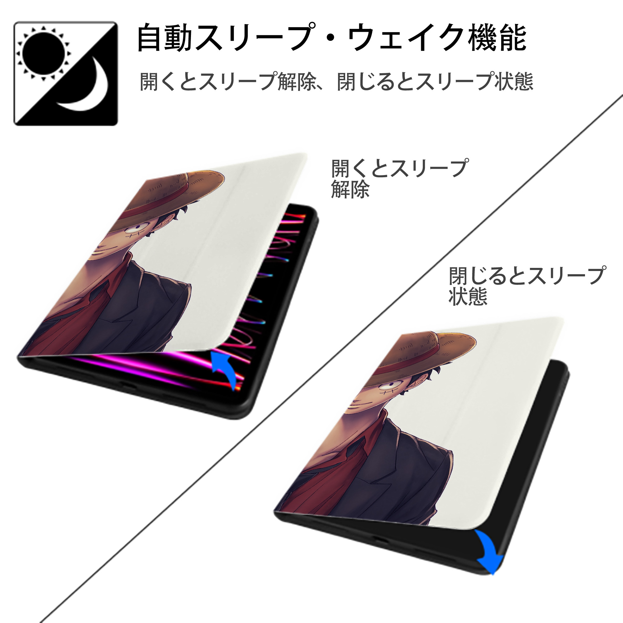 ワンピース ONE PIECE IPad ケース ブック型 PUレザー TPU 耐衝撃 軽量 薄型 ペン収納なし 全面保護 IPad 各モデル対応