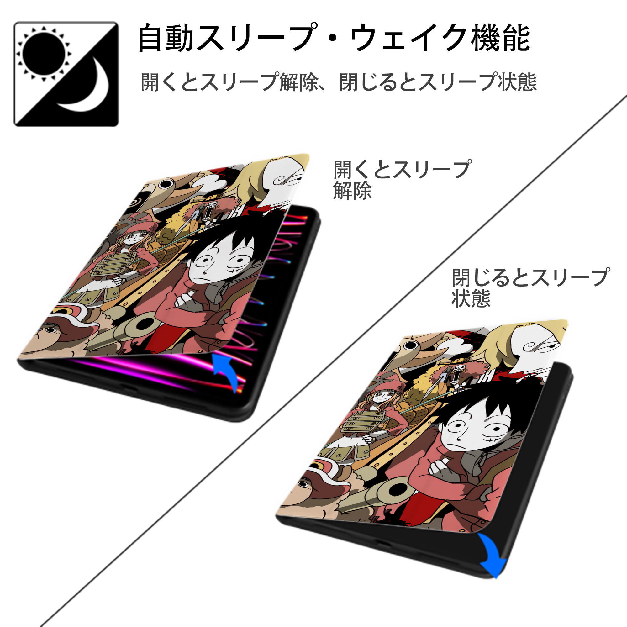 ワンピース ONE PIECE IPad ケース ブック型 PUレザー TPU 耐衝撃 軽量 薄型 ペン収納なし 全面保護 IPad 各モデル対応