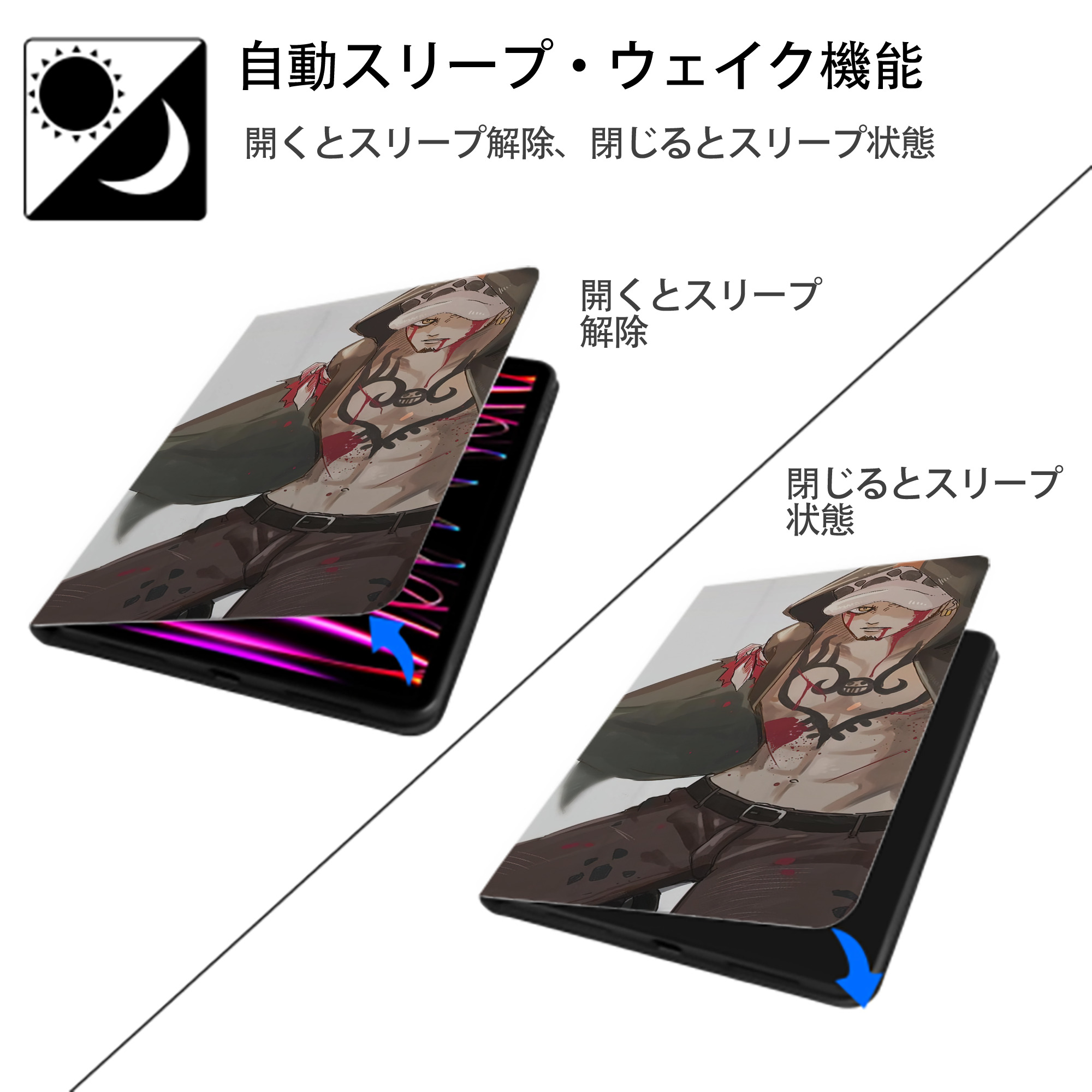 ワンピース ONE PIECE IPad ケース ブック型 PUレザー TPU 耐衝撃 軽量 薄型 ペン収納なし 全面保護 IPad 各モデル対応