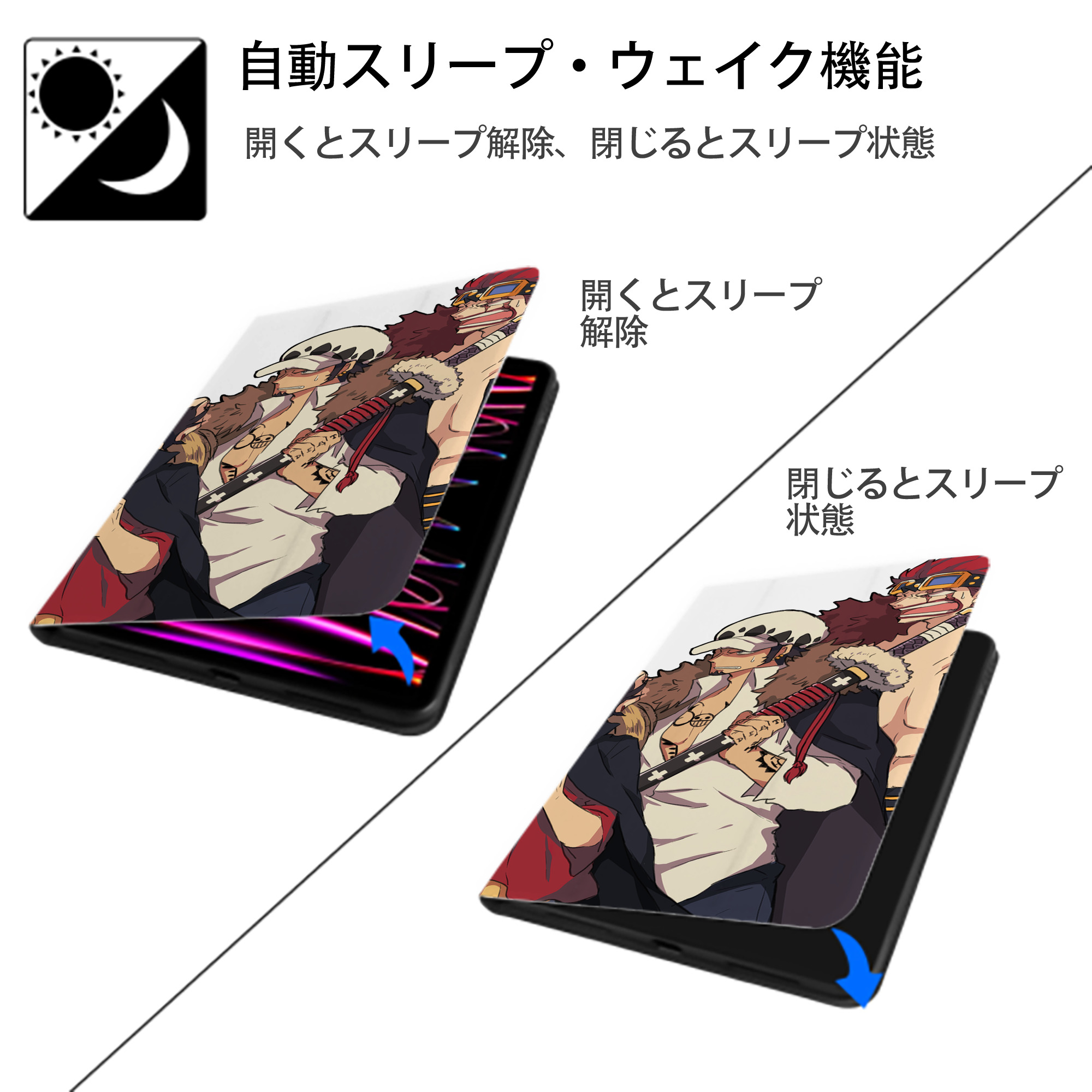 ワンピース ONE PIECE IPad ケース ブック型 PUレザー TPU 耐衝撃 軽量 薄型 ペン収納なし 全面保護 IPad 各モデル対応