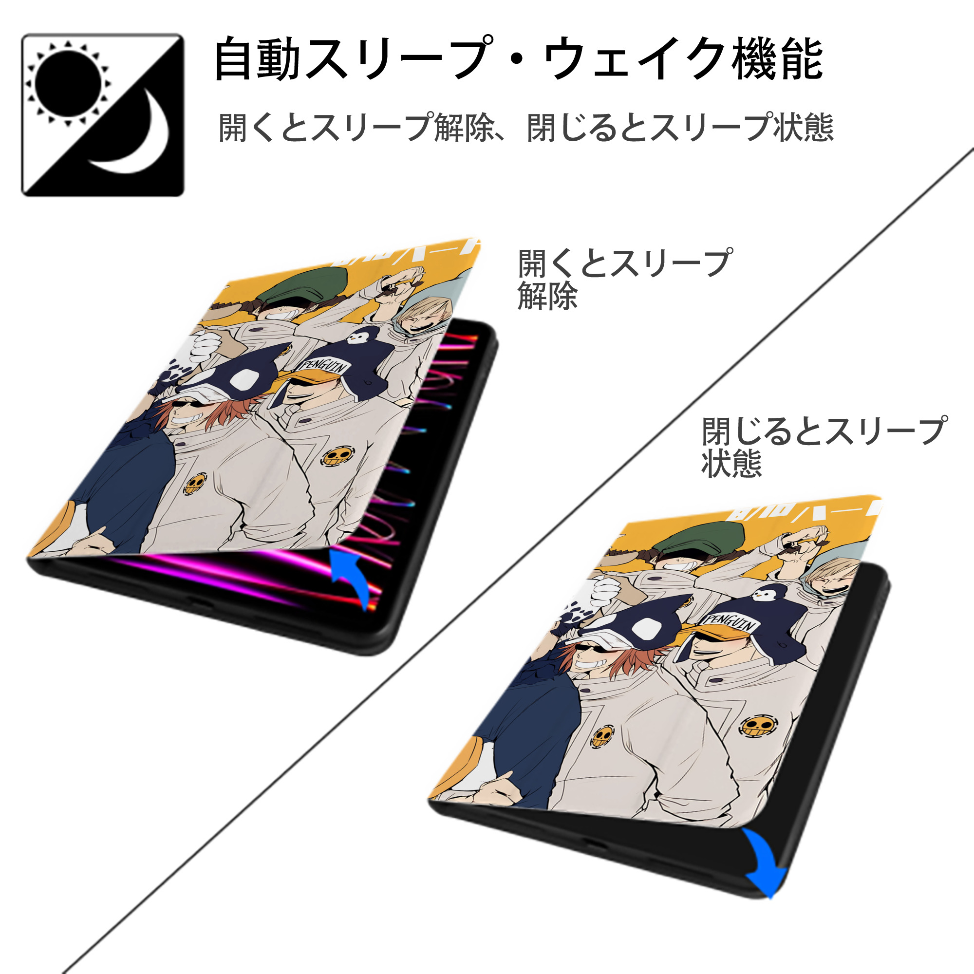 ワンピース ONE PIECE IPad ケース ブック型 PUレザー TPU 耐衝撃 軽量 薄型 ペン収納なし 全面保護 IPad 各モデル対応