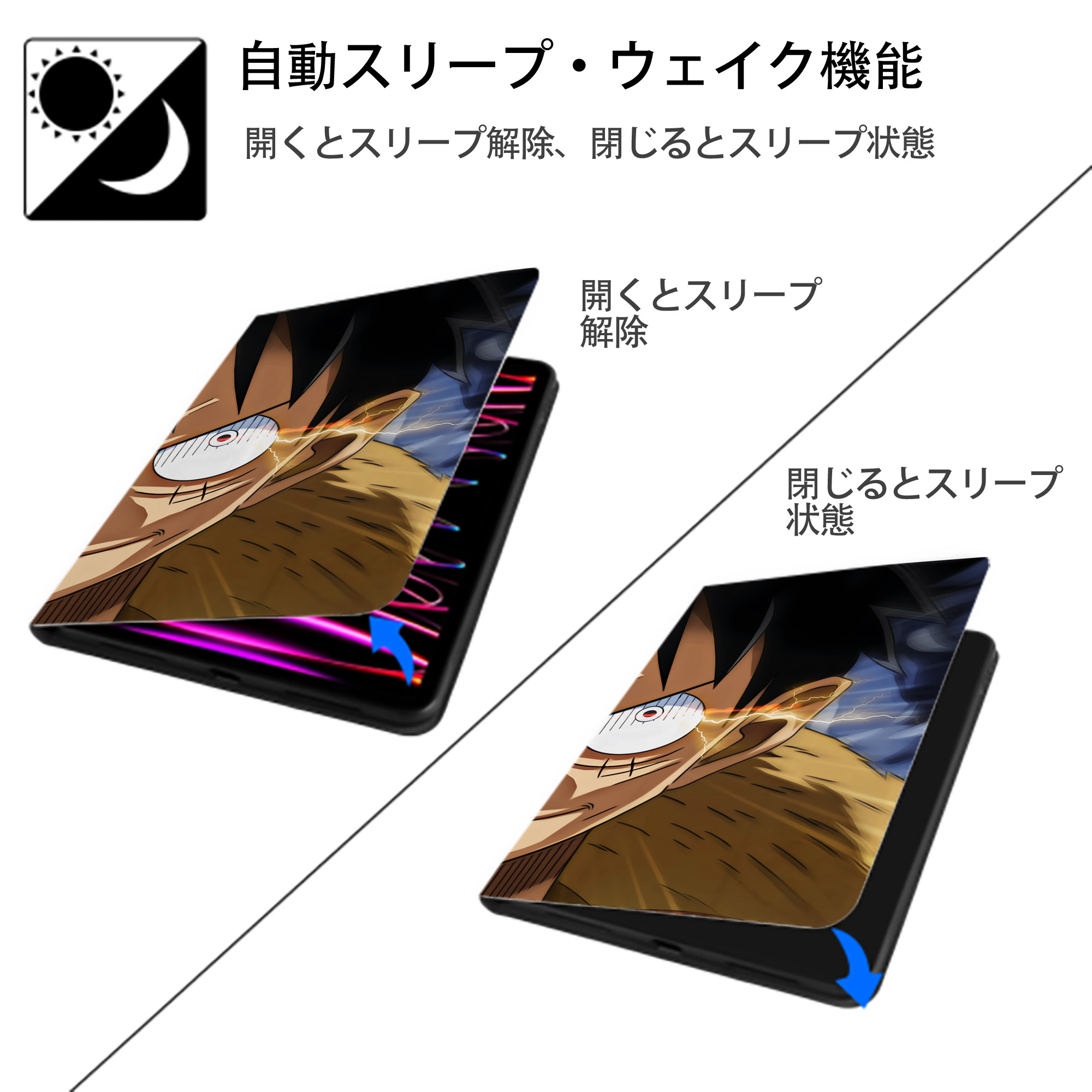 ワンピース ONE PIECE IPad ケース ブック型 PUレザー TPU 耐衝撃 軽量 薄型 ペン収納なし 全面保護 IPad 各モデル対応