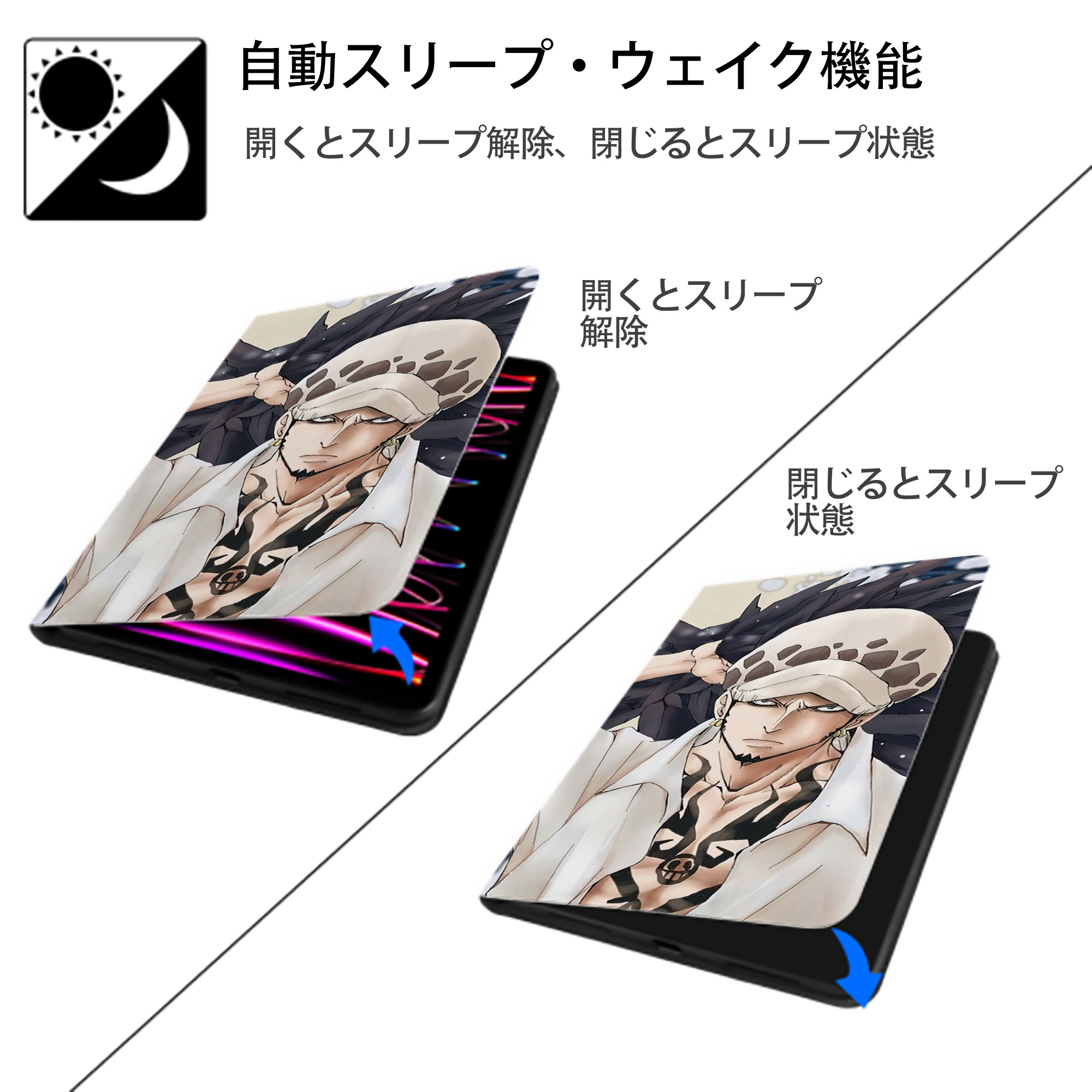 ワンピース ONE PIECE IPad ケース ブック型 PUレザー TPU 耐衝撃 軽量 薄型 ペン収納なし 全面保護 IPad 各モデル対応