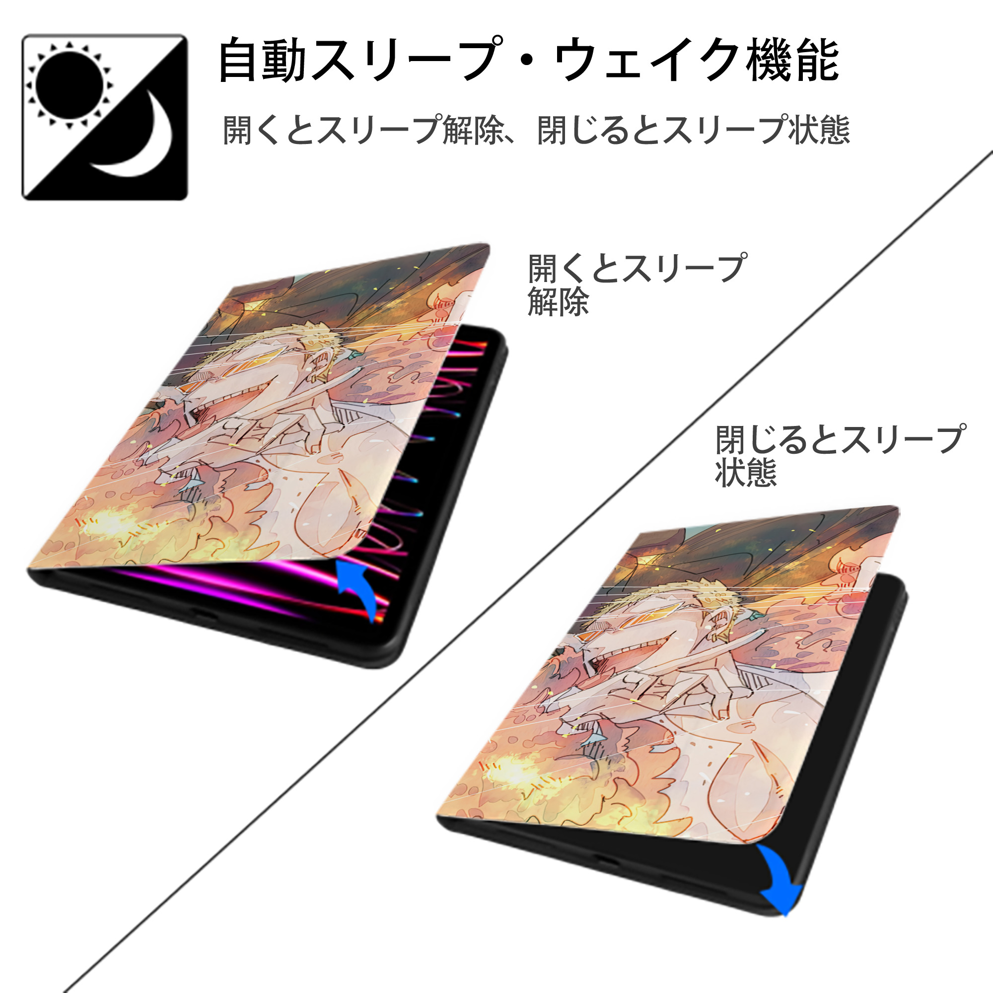ワンピース ONE PIECE IPad ケース ブック型 PUレザー TPU 耐衝撃 軽量 薄型 ペン収納なし 全面保護 IPad 各モデル対応