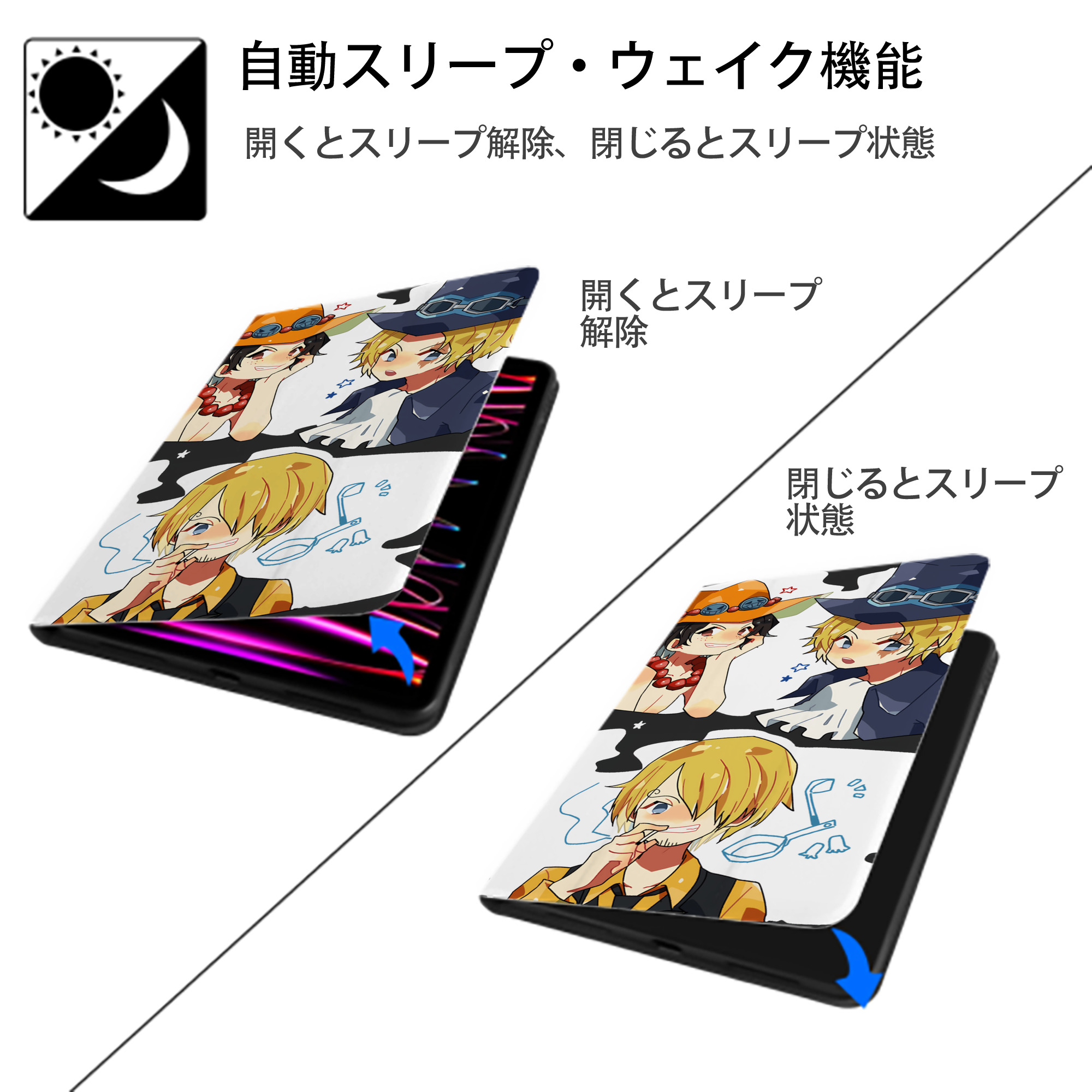 ワンピース ONE PIECE IPad ケース ブック型 PUレザー TPU 耐衝撃 軽量 薄型 ペン収納なし 全面保護 IPad 各モデル対応