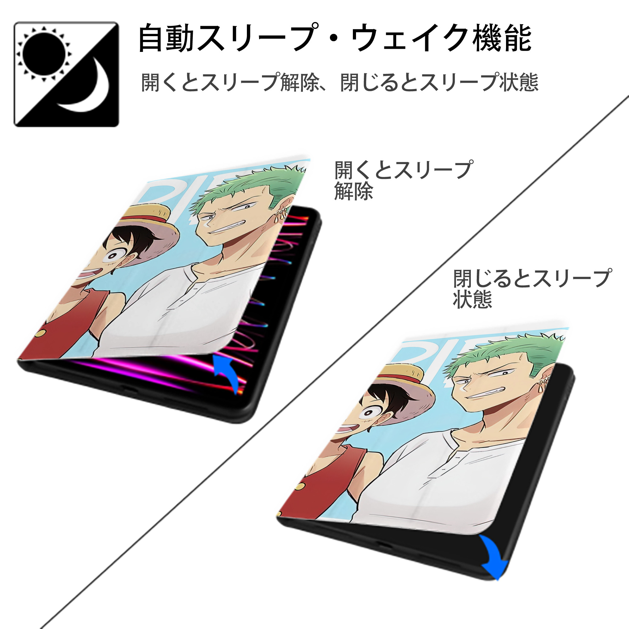 ワンピース ONE PIECE IPad ケース ブック型 PUレザー TPU 耐衝撃 軽量 薄型 ペン収納なし 全面保護 IPad 各モデル対応