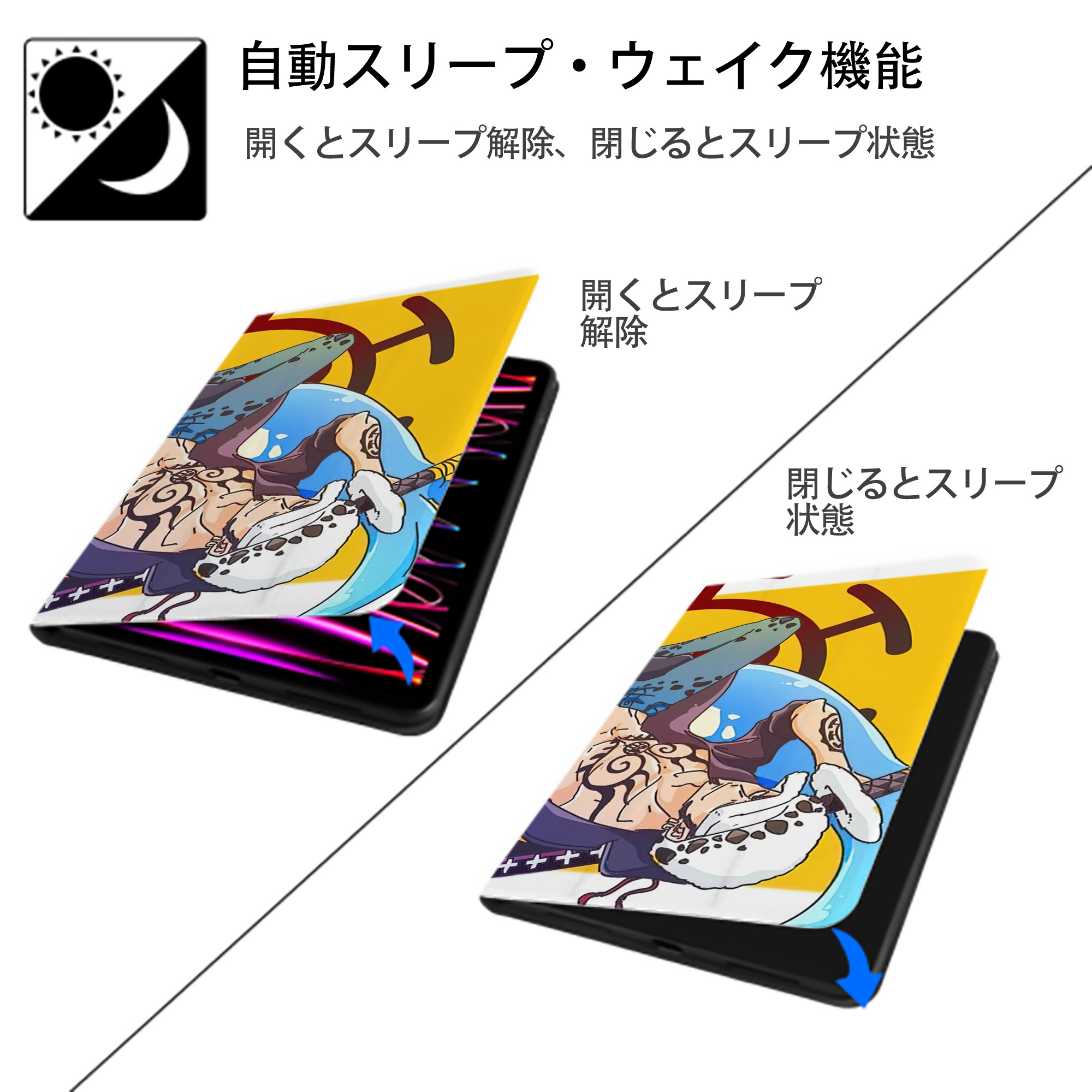 ワンピース ONE PIECE IPad ケース ブック型 PUレザー TPU 耐衝撃 軽量 薄型 ペン収納なし 全面保護 IPad 各モデル対応