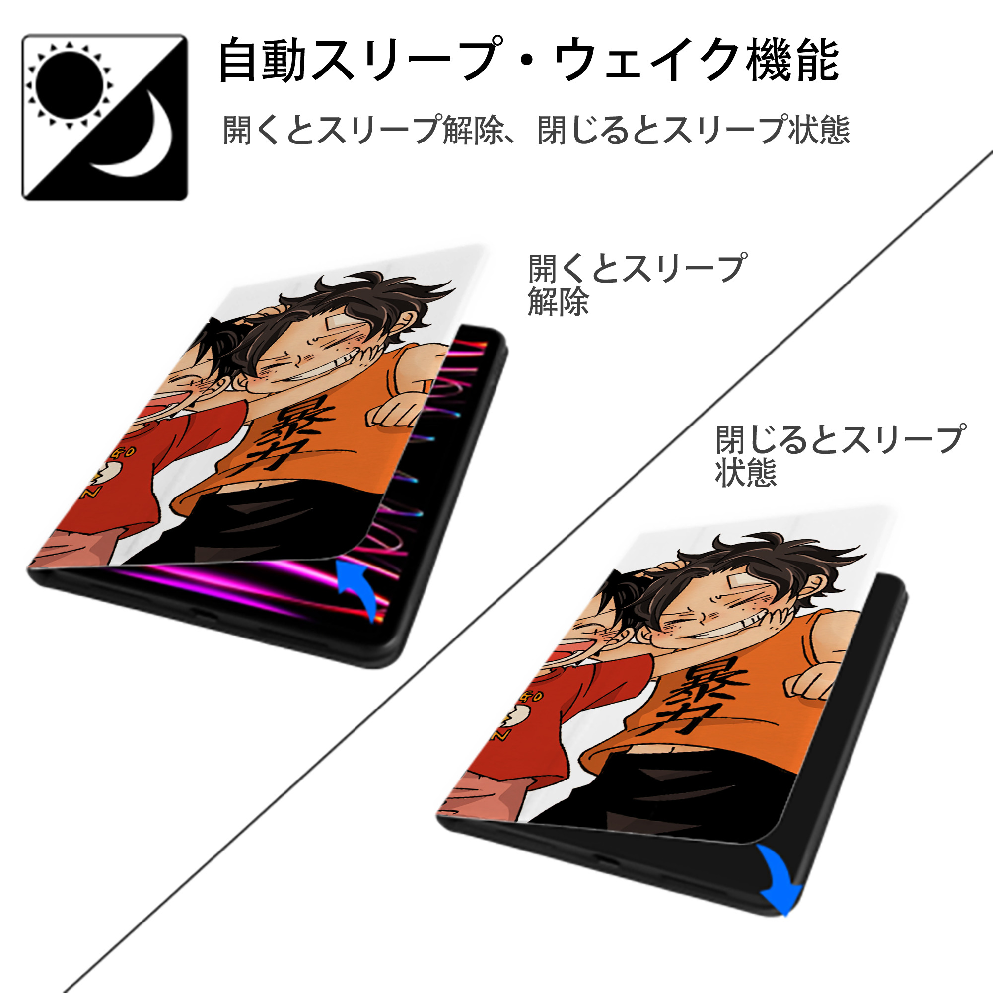 ワンピース ONE PIECE IPad ケース ブック型 PUレザー TPU 耐衝撃 軽量 薄型 ペン収納なし 全面保護 IPad 各モデル対応