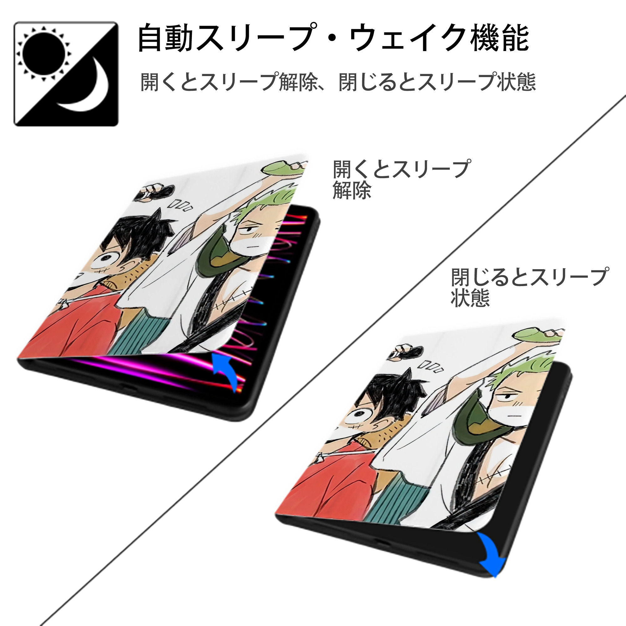 ワンピース ONE PIECE IPad ケース ブック型 PUレザー TPU 耐衝撃 軽量 薄型 ペン収納なし 全面保護 IPad 各モデル対応
