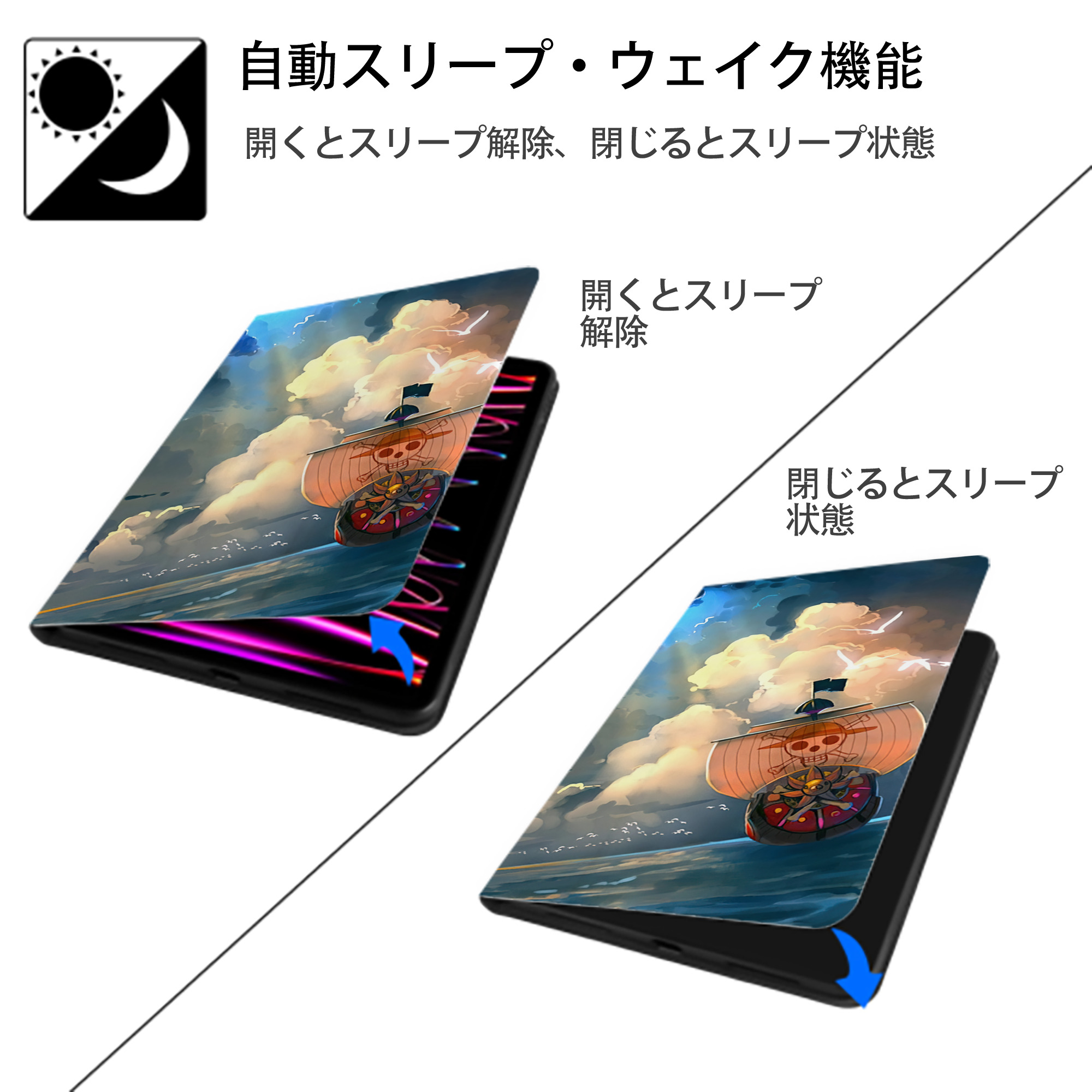 ワンピース ONE PIECE IPadケース ペンホルダー付き ブックスタイルデザイン