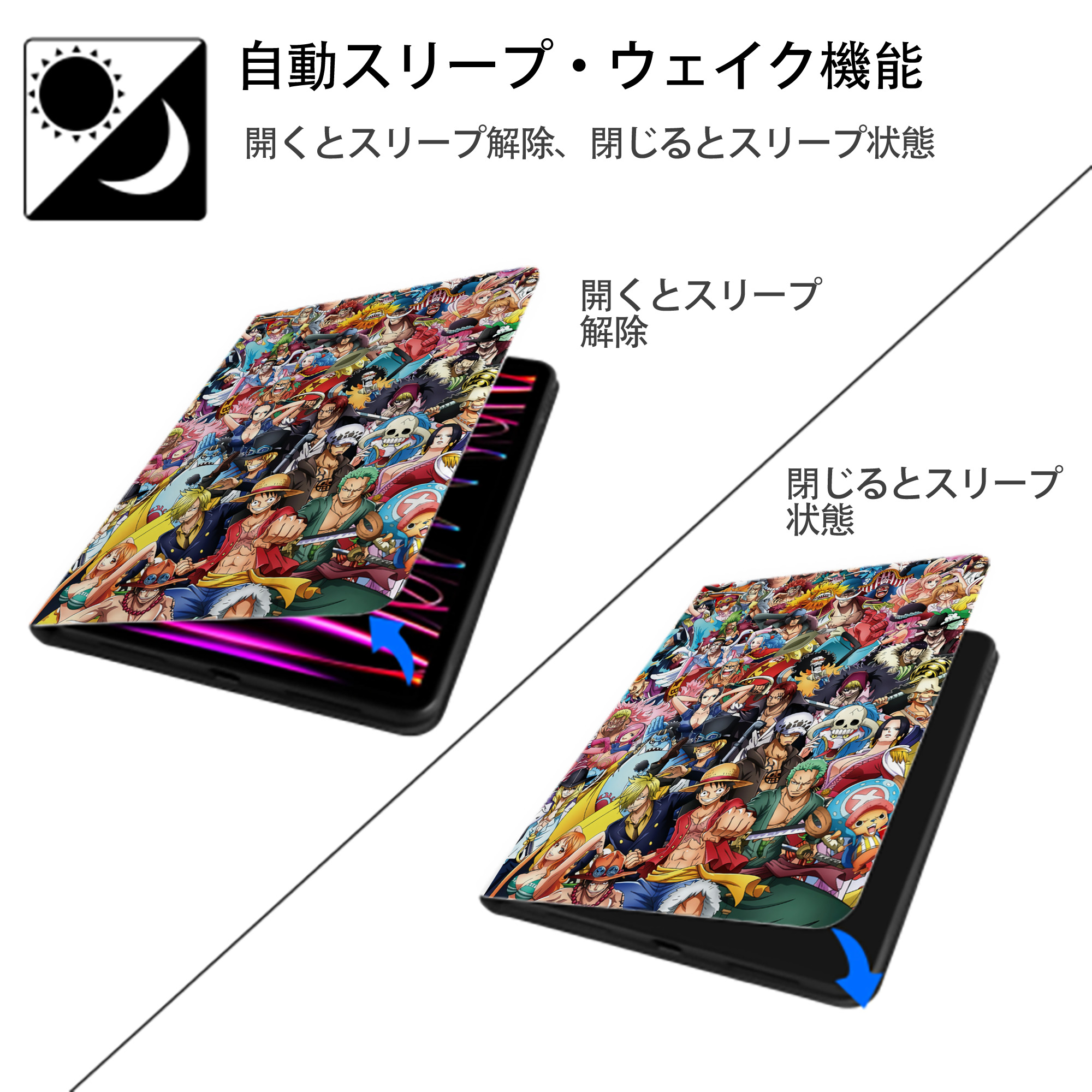 ワンピース ONE PIECE IPad ケース ペン収納付き 三つ折りスタンド PUレザー×シリコン 対応機種9.5/10.5/10.9インチ