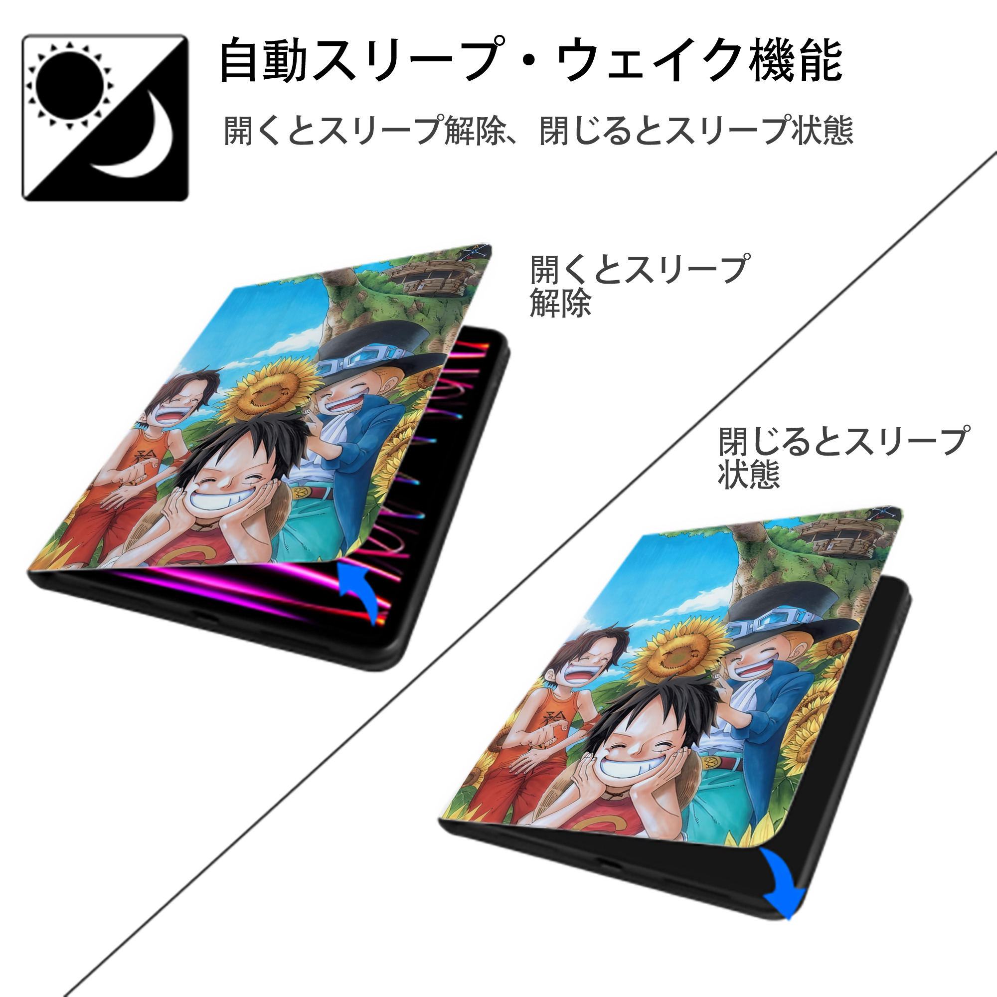 ワンピース ONE PIECE IPad ケース ペン収納付き 三つ折りスタンド PUレザー×シリコン 対応機種9.5/10.5/10.9インチ