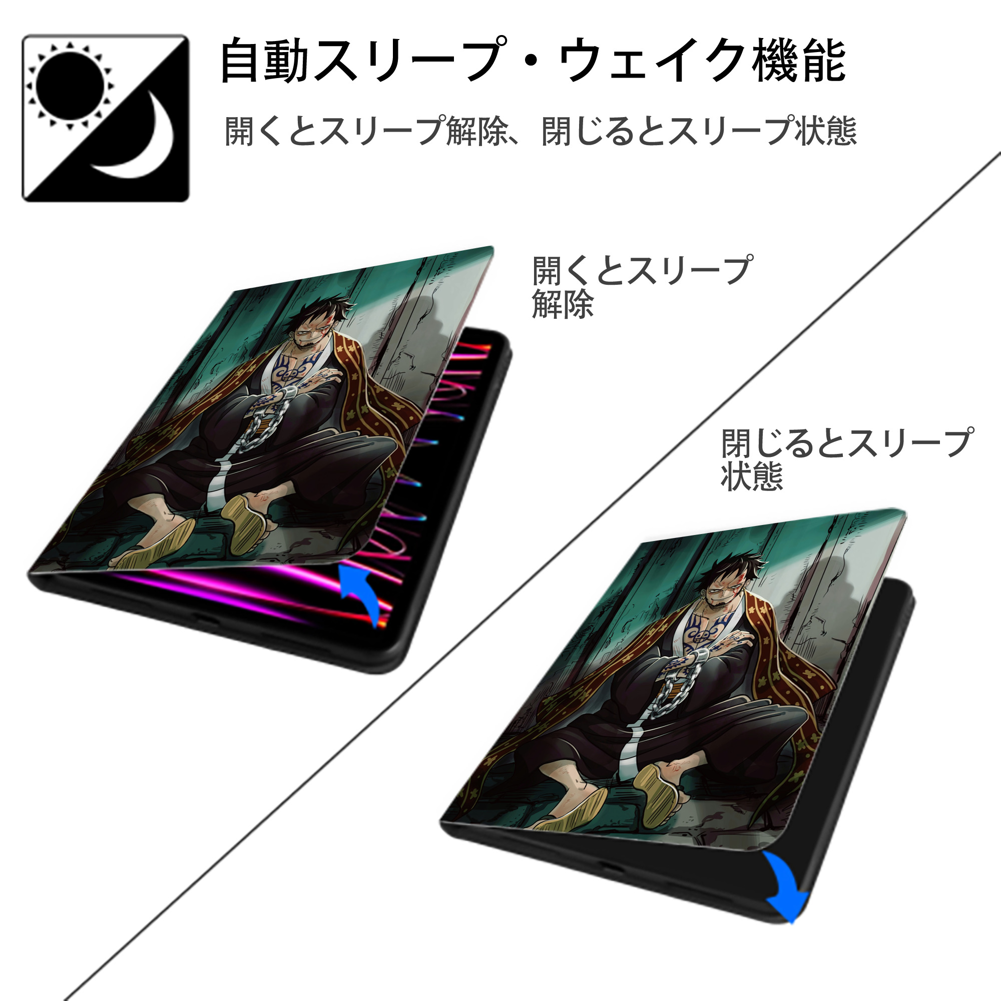 ワンピース ONE PIECE IPad ケース ペン収納付き 三つ折りスタンド PUレザー×シリコン 対応機種9.5/10.5/10.9インチ
