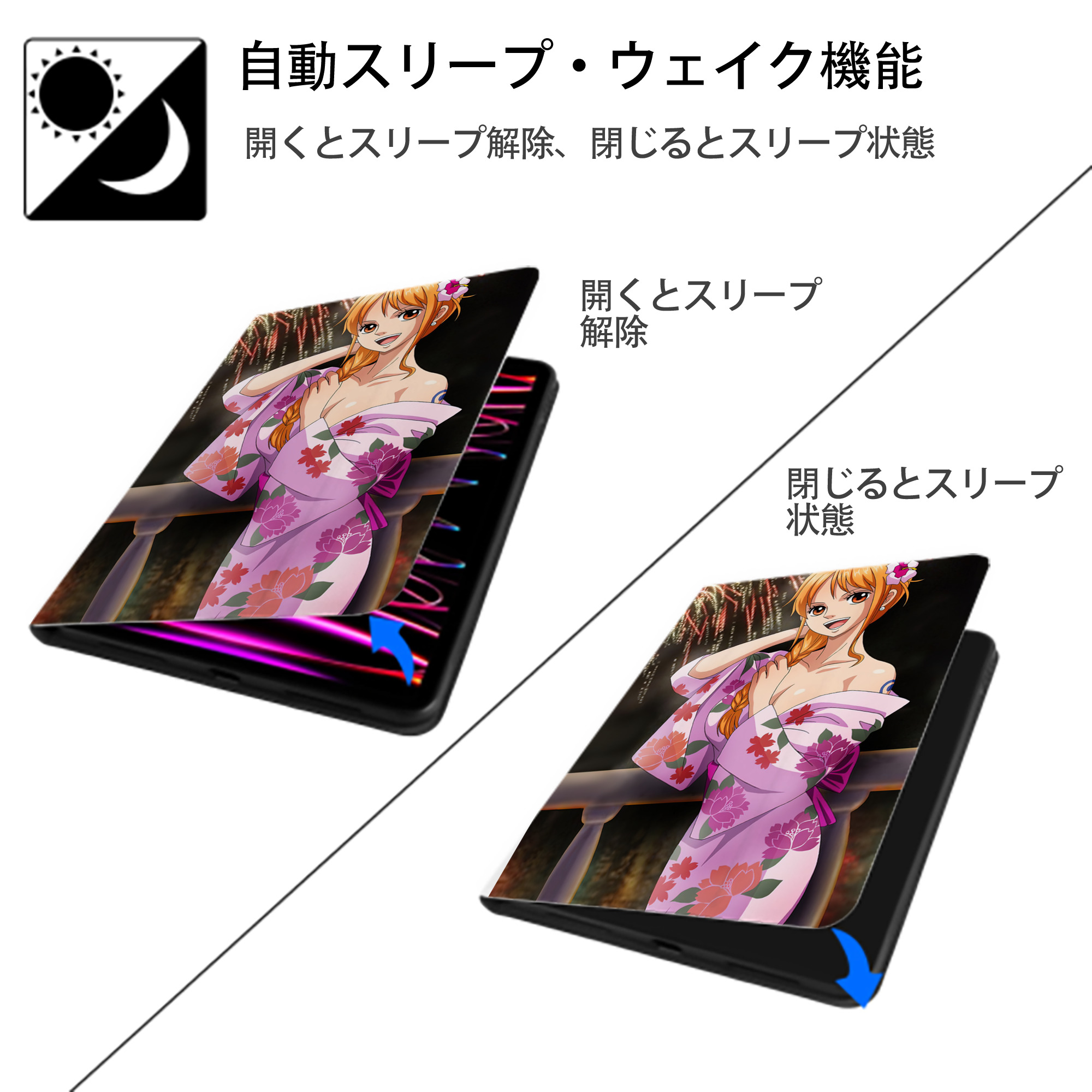 ワンピース ONE PIECE IPad ケース ペン収納付き 三つ折りスタンド PUレザー×シリコン 対応機種9.5/10.5/10.9インチ