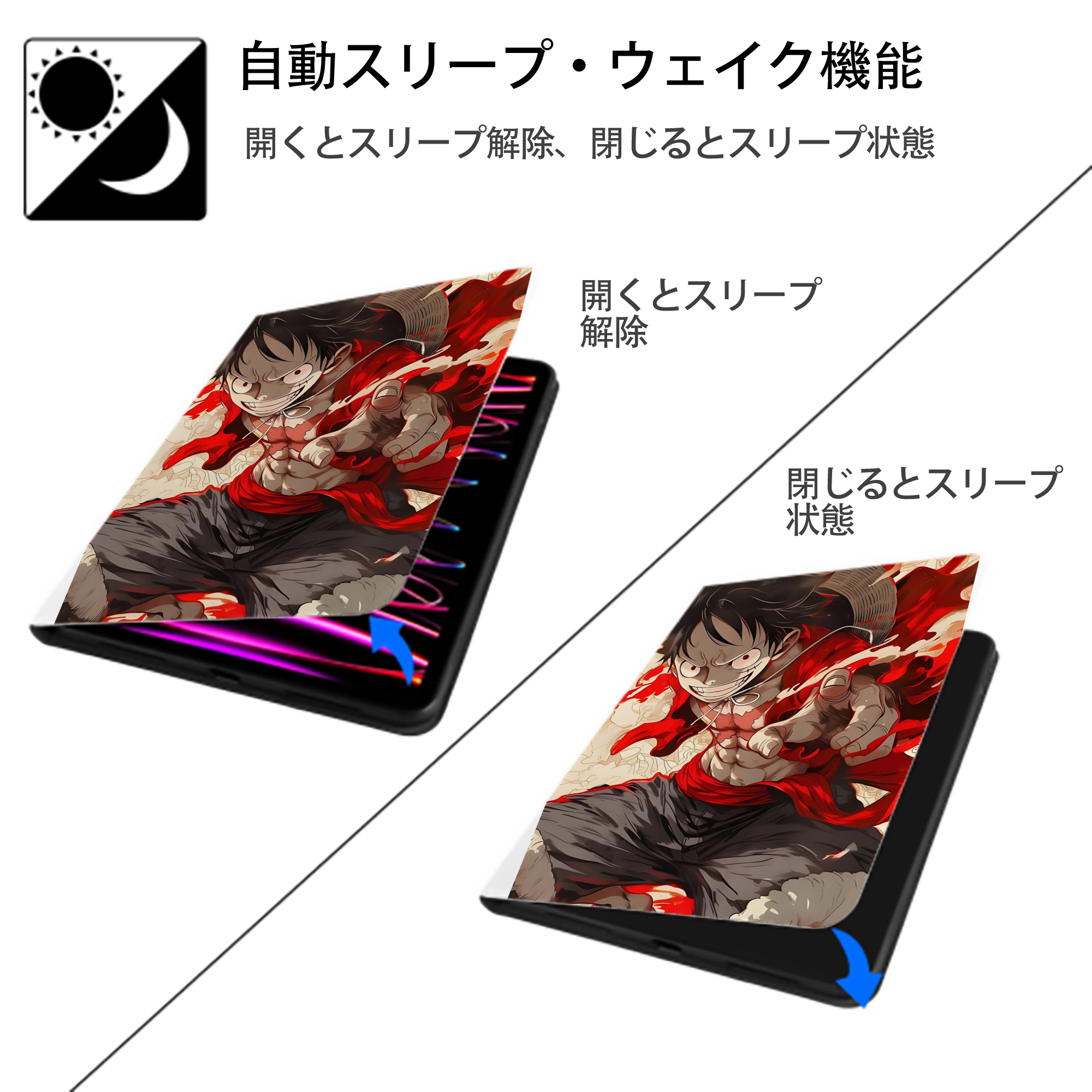 ワンピース ONE PIECE IPad ケース ペン収納付き 三つ折りスタンド PUレザー×シリコン 対応機種9.5/10.5/10.9インチ