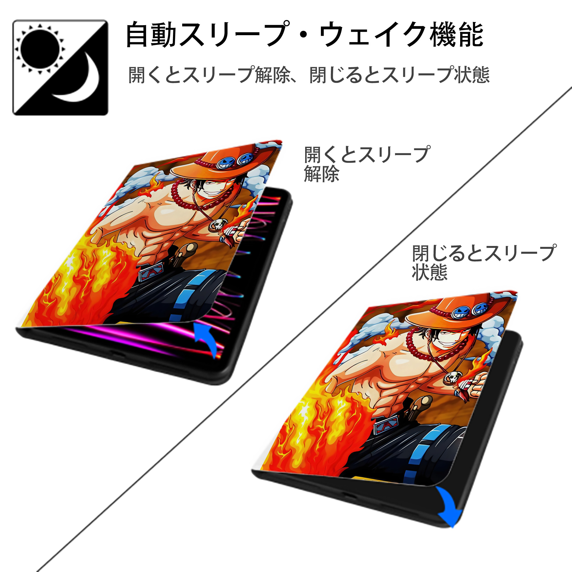 ワンピース ONE PIECE IPad ケース ペン収納付き 三つ折りスタンド PUレザー×シリコン 対応機種9.5/10.5/10.9インチ