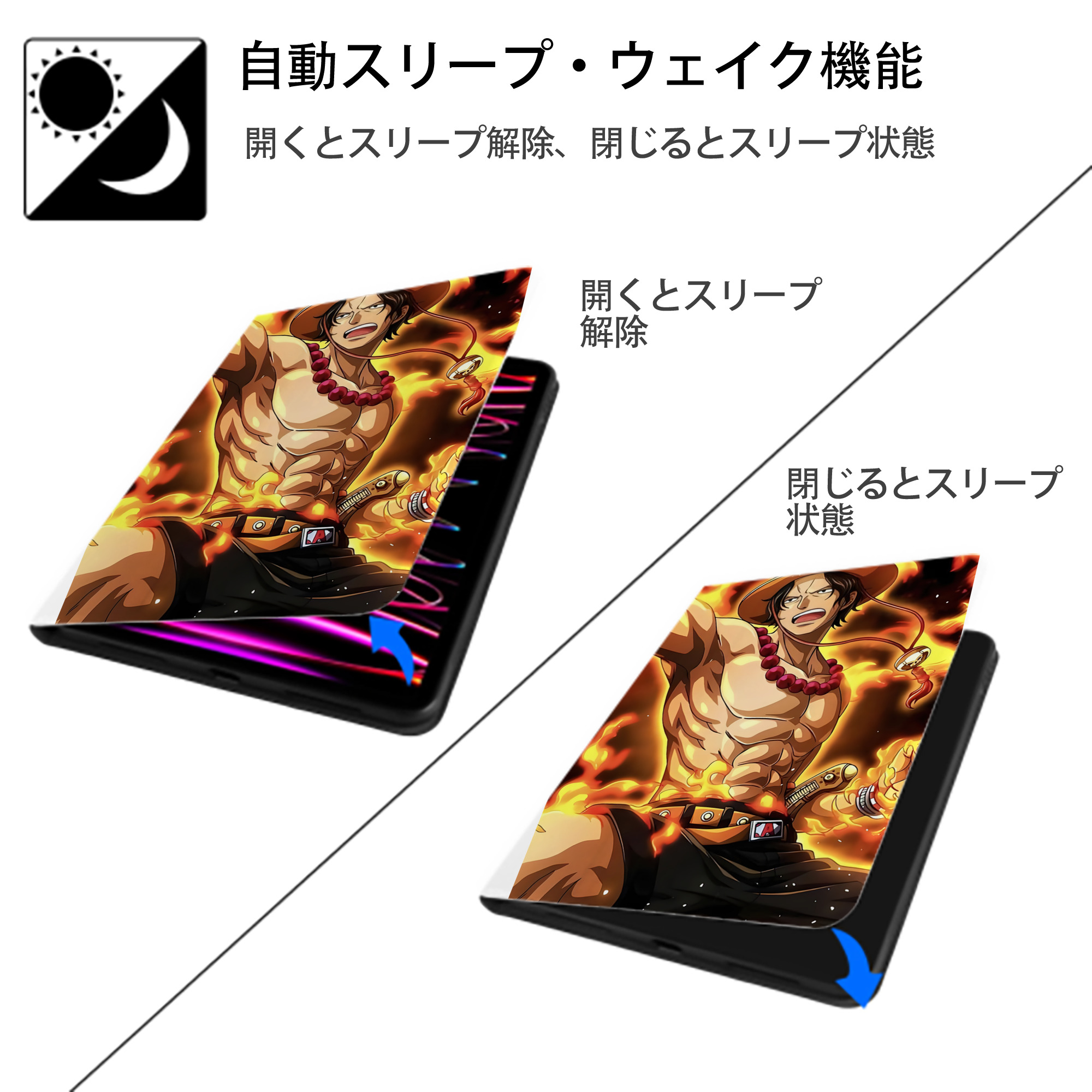 ワンピース ONE PIECE IPad ケース ペン収納付き 三つ折りスタンド PUレザー×シリコン 対応機種9.5/10.5/10.9インチ