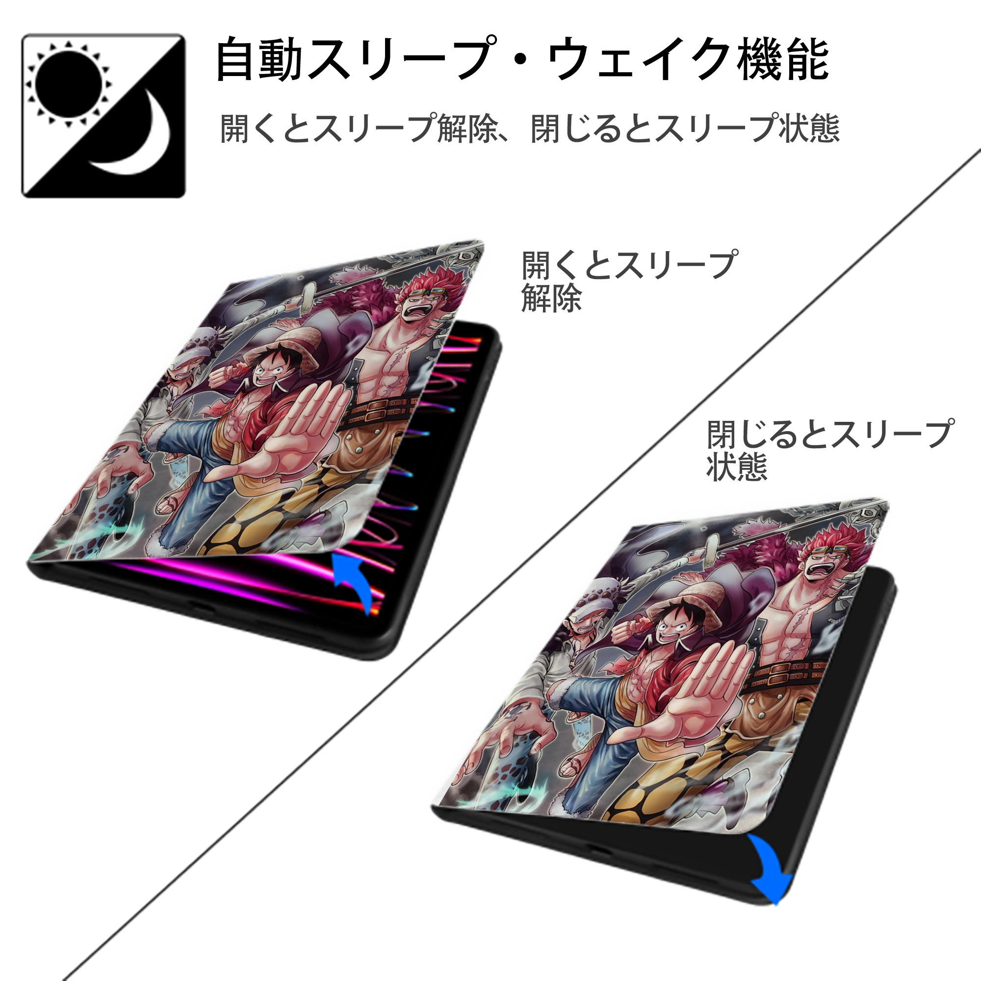 ワンピース ONE PIECE IPad ケース ペン収納付き 三つ折りスタンド PUレザー×シリコン 対応機種9.5/10.5/10.9インチ