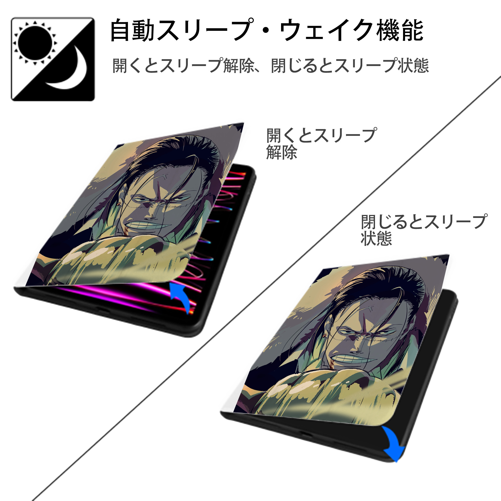 ワンピース ONE PIECE IPad ケース ペン収納付き 三つ折りスタンド PUレザー×シリコン 対応機種9.5/10.5/10.9インチ