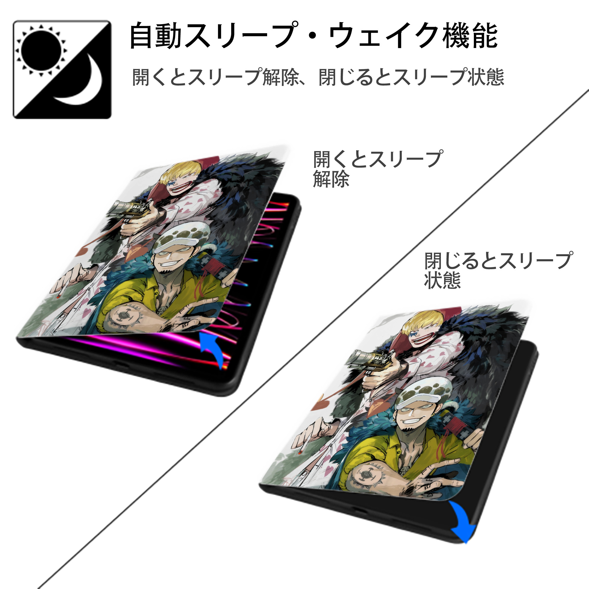 ワンピース ONE PIECE IPad ケース ペン収納付き 三つ折りスタンド PUレザー×シリコン 対応機種9.5/10.5/10.9インチ